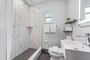 Shower, hair dryer, towels