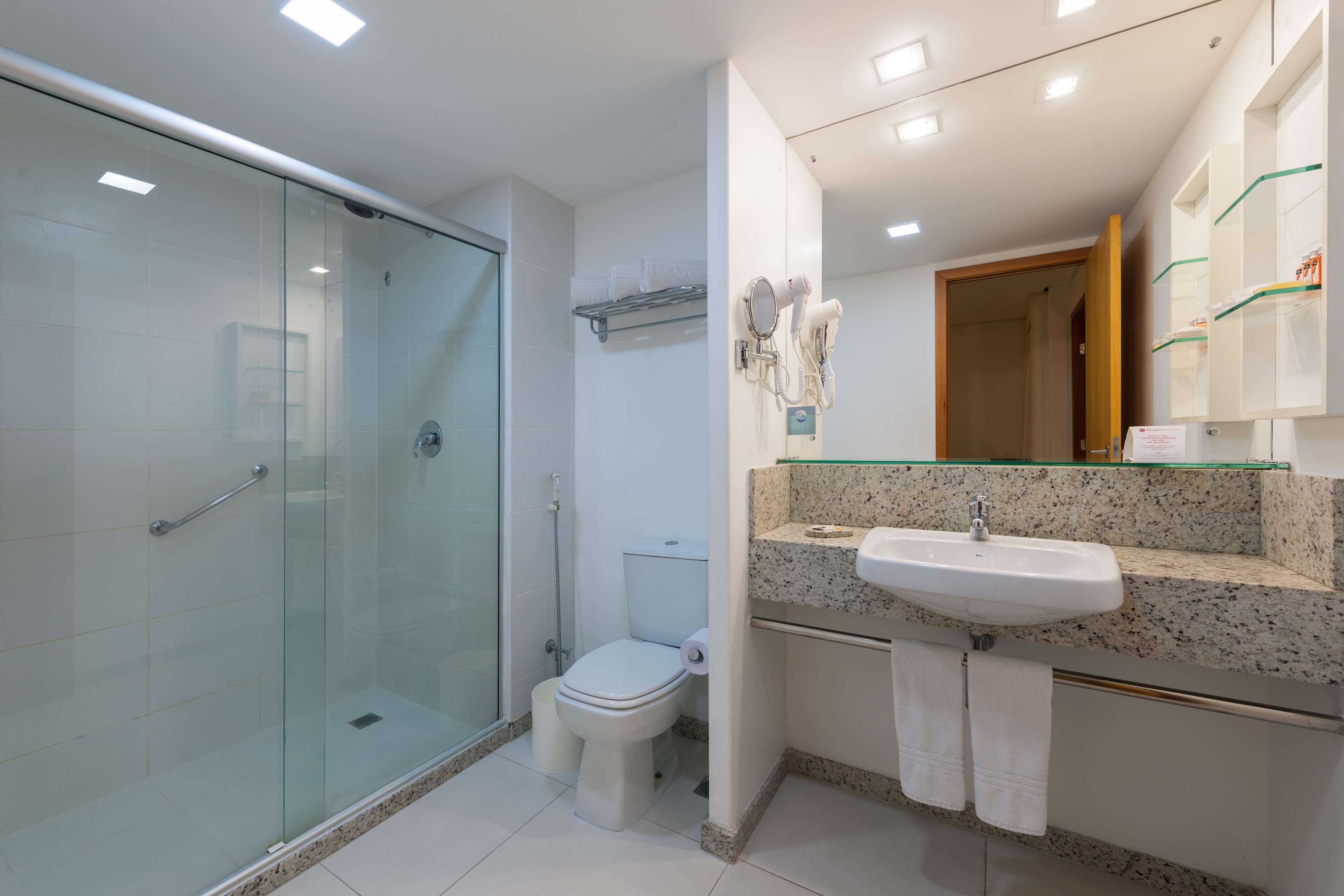 A modern bathroom with a glass shower enclosure, a toilet, a sink with a granite countertop, and a mirror above the sink.