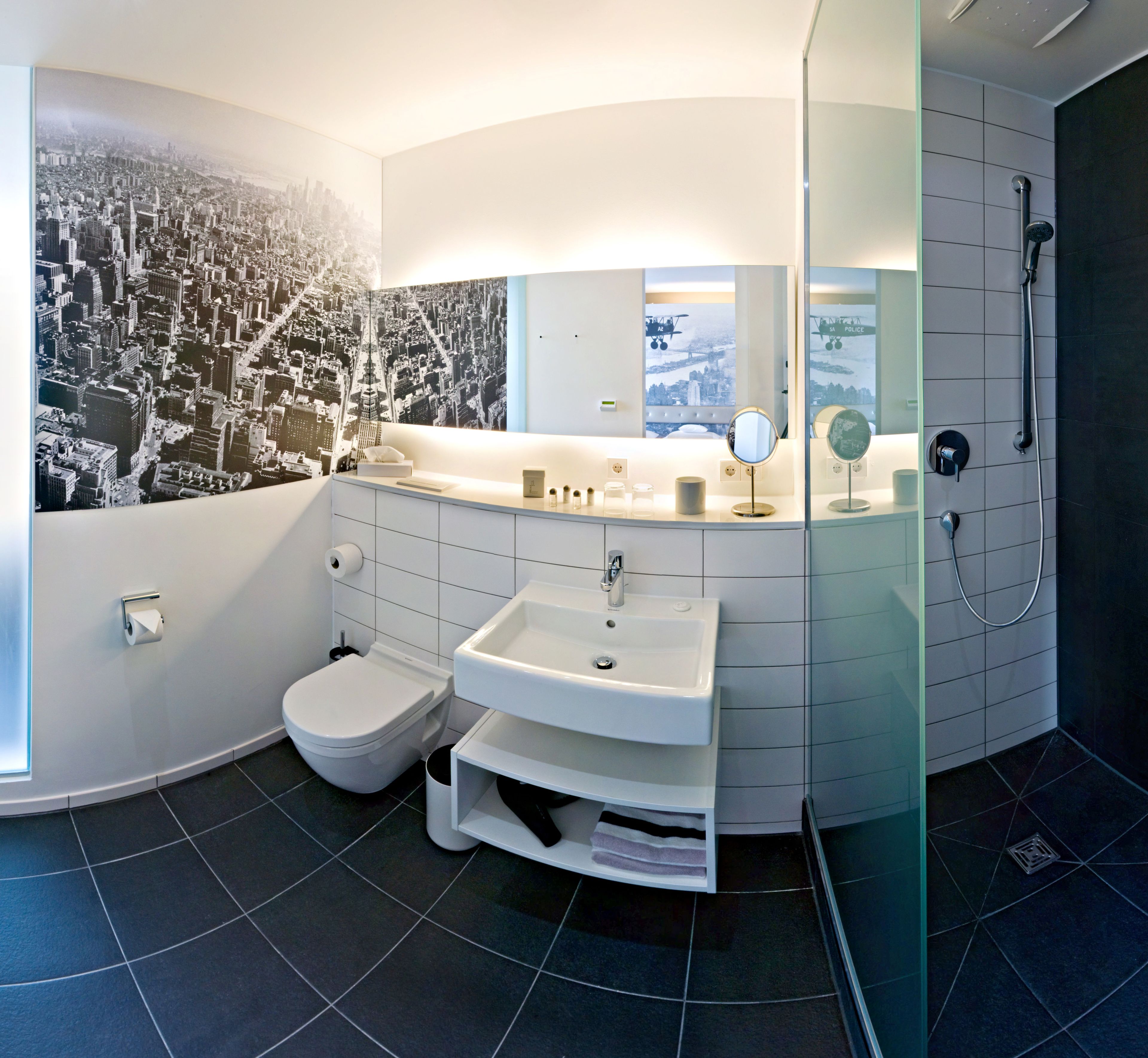 shower, designer toiletries, hair dryer, bathrobes