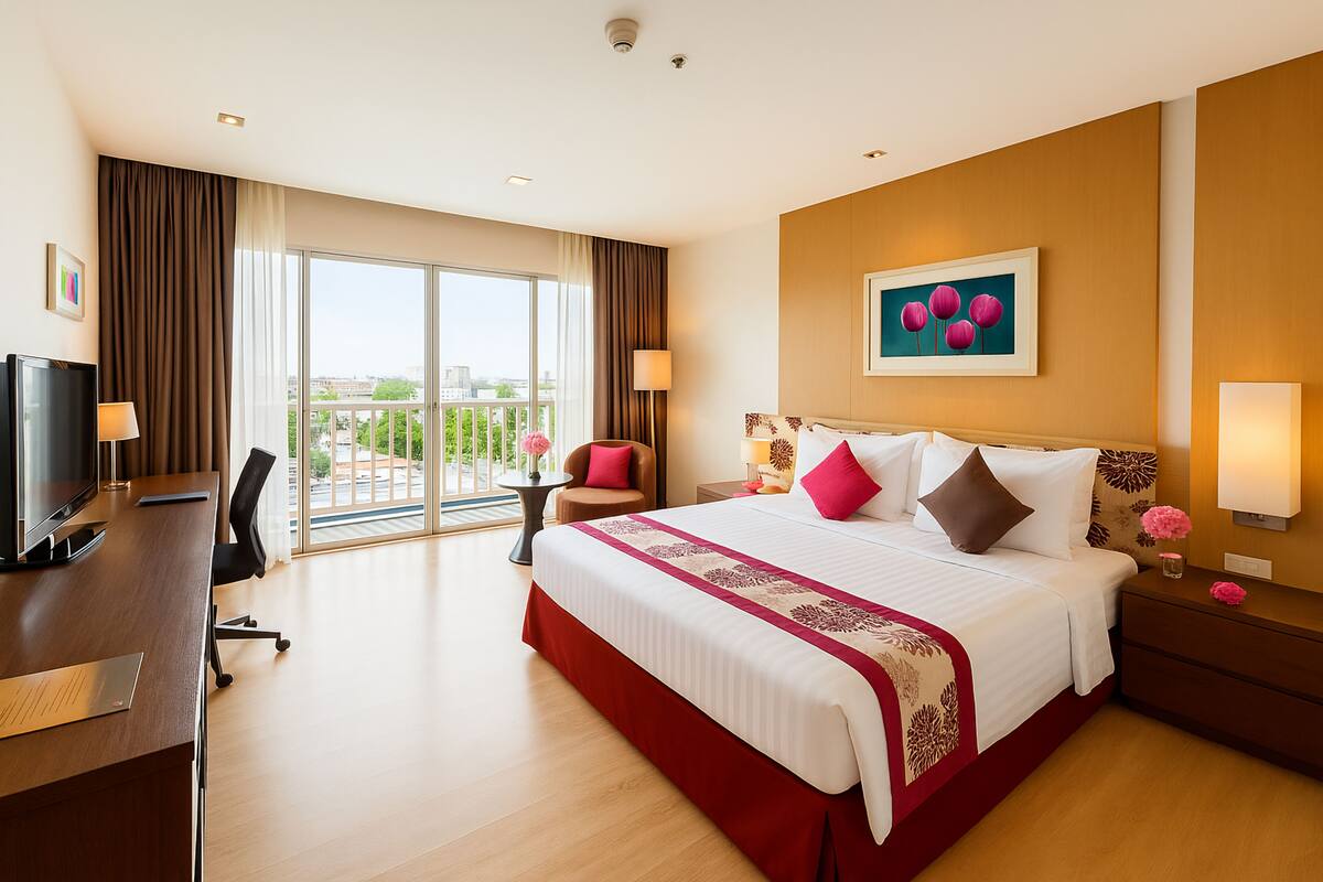 Ein Hotelzimmer mit einem großen Bett, einem Schreibtisch mit Computer, einem Sessel, einem kleinen Tisch mit Lampe und Blick auf die Stadt durch große Fenster.