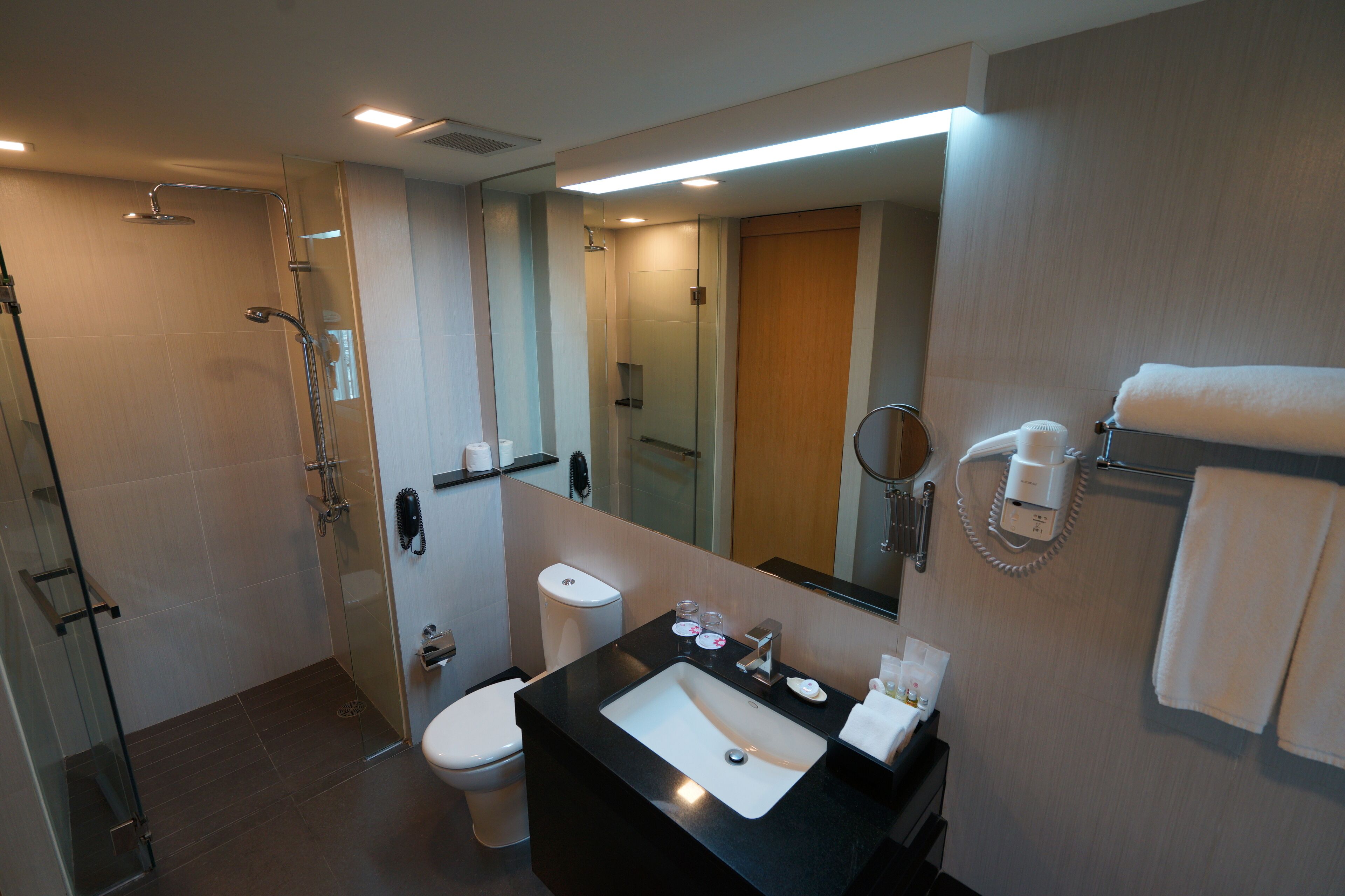 Une salle de bain moderne avec une douche à parois de verre, des toilettes blanches, un lavabo noir avec un miroir au-dessus, et un porte-serviettes avec une serviette blanche.
