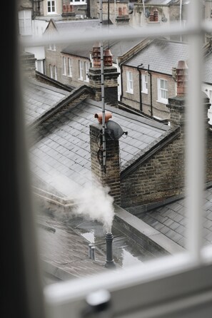 A view of a residential area with brick houses, a chimney emitting smoke, and a metal pole with a black object on top. - The Prince Akatoki London (London)