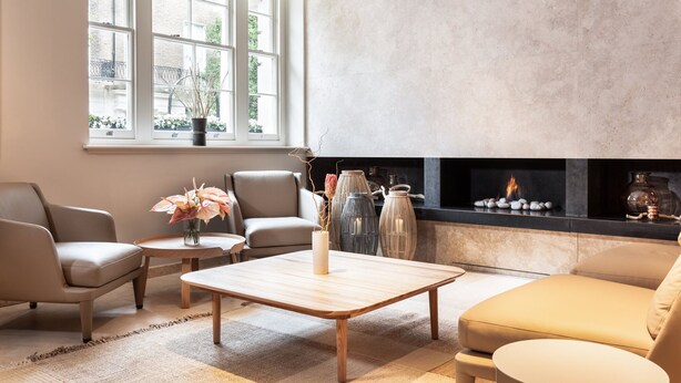 A modern living room with a fireplace, large windows, and comfortable seating. - The Prince Akatoki London (London)