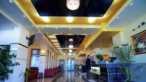 A hotel reception area with a modern design, featuring a reception desk, seating area, and potted plants. - Hotel Seneca (Baia Mare)