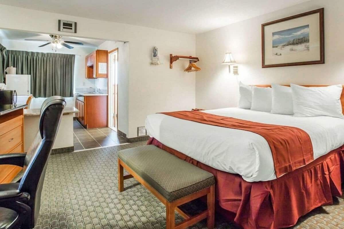 Ett hotellrum med en säng, ett skrivbord, en stol, en bänk, en takfläkt, en tavla och en lampa.