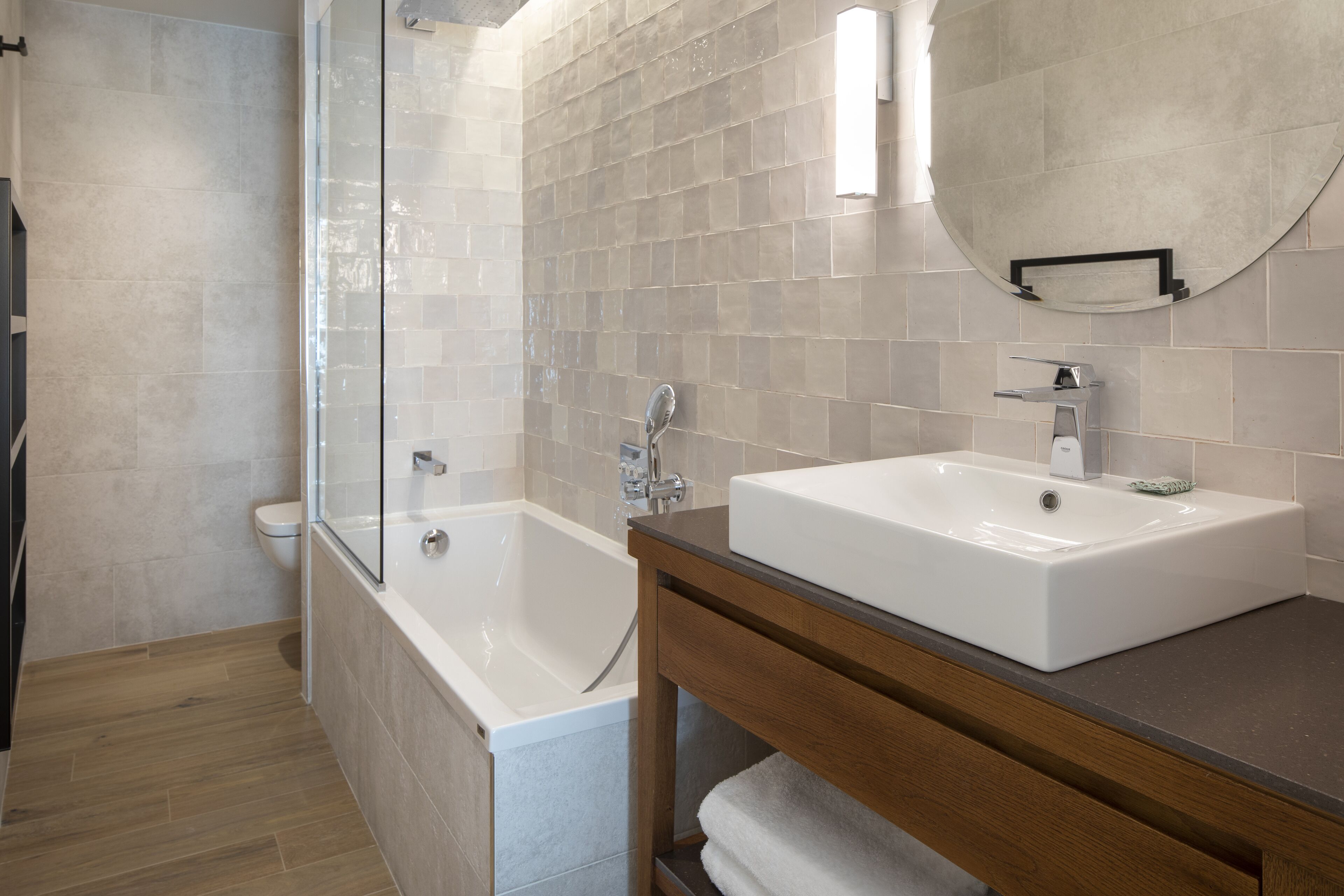 hydromassage showerhead, hair dryer, bathrobes, slippers