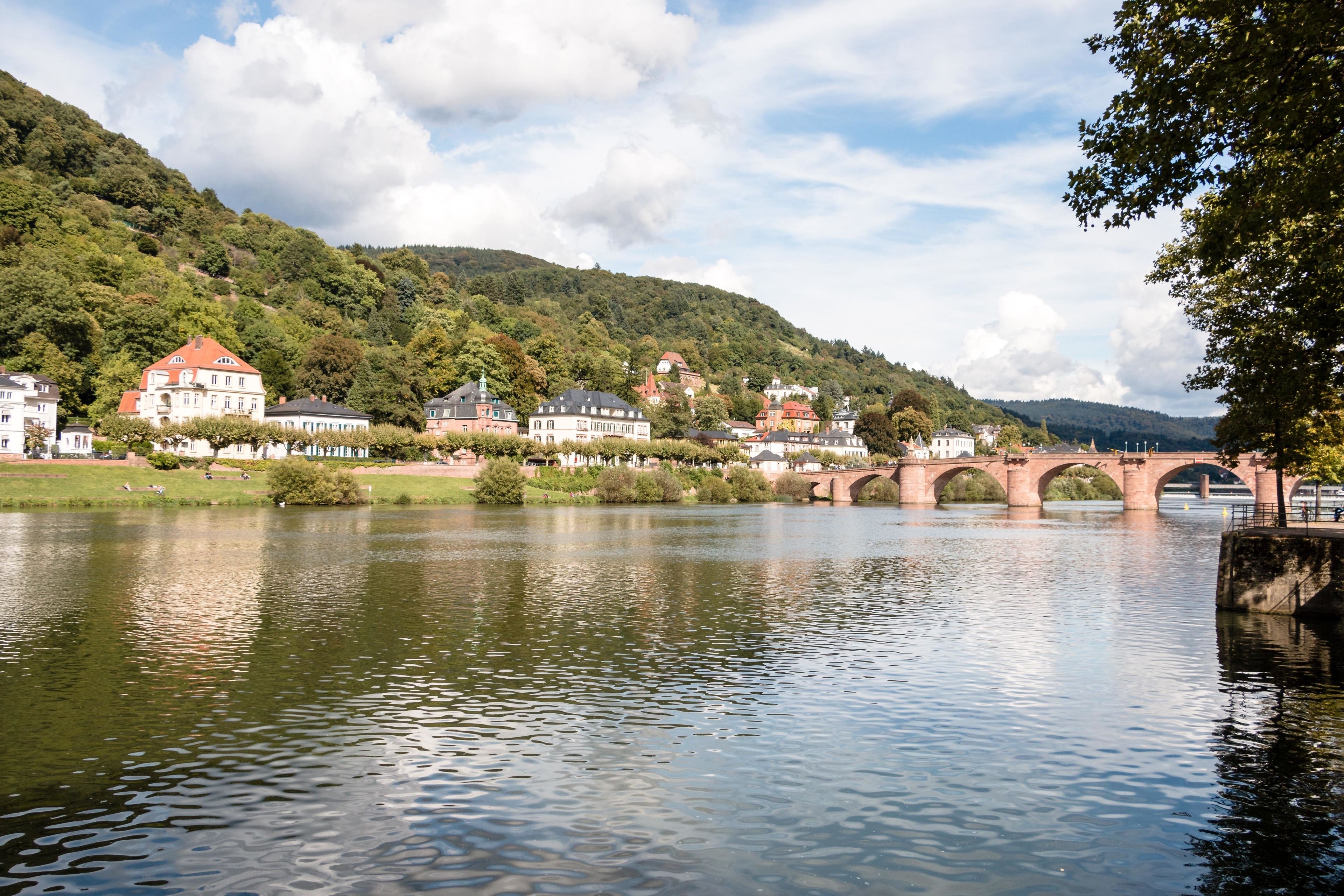 A river with a stone bridge, houses along the riverbank, and a hill in the background.