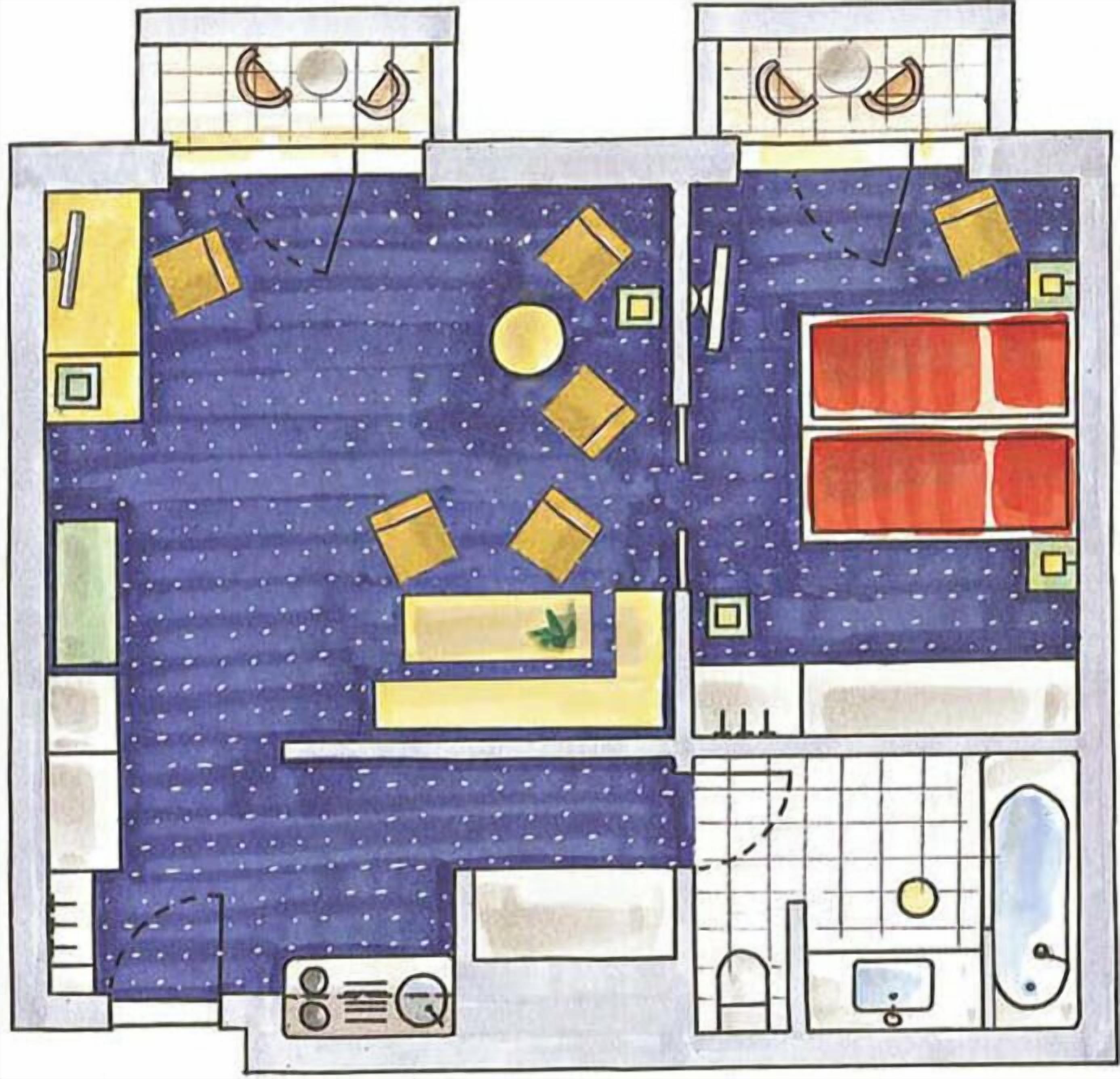A hotel room layout with a bed, a desk, a chair, a small table, a sofa, a window, and a bathroom.