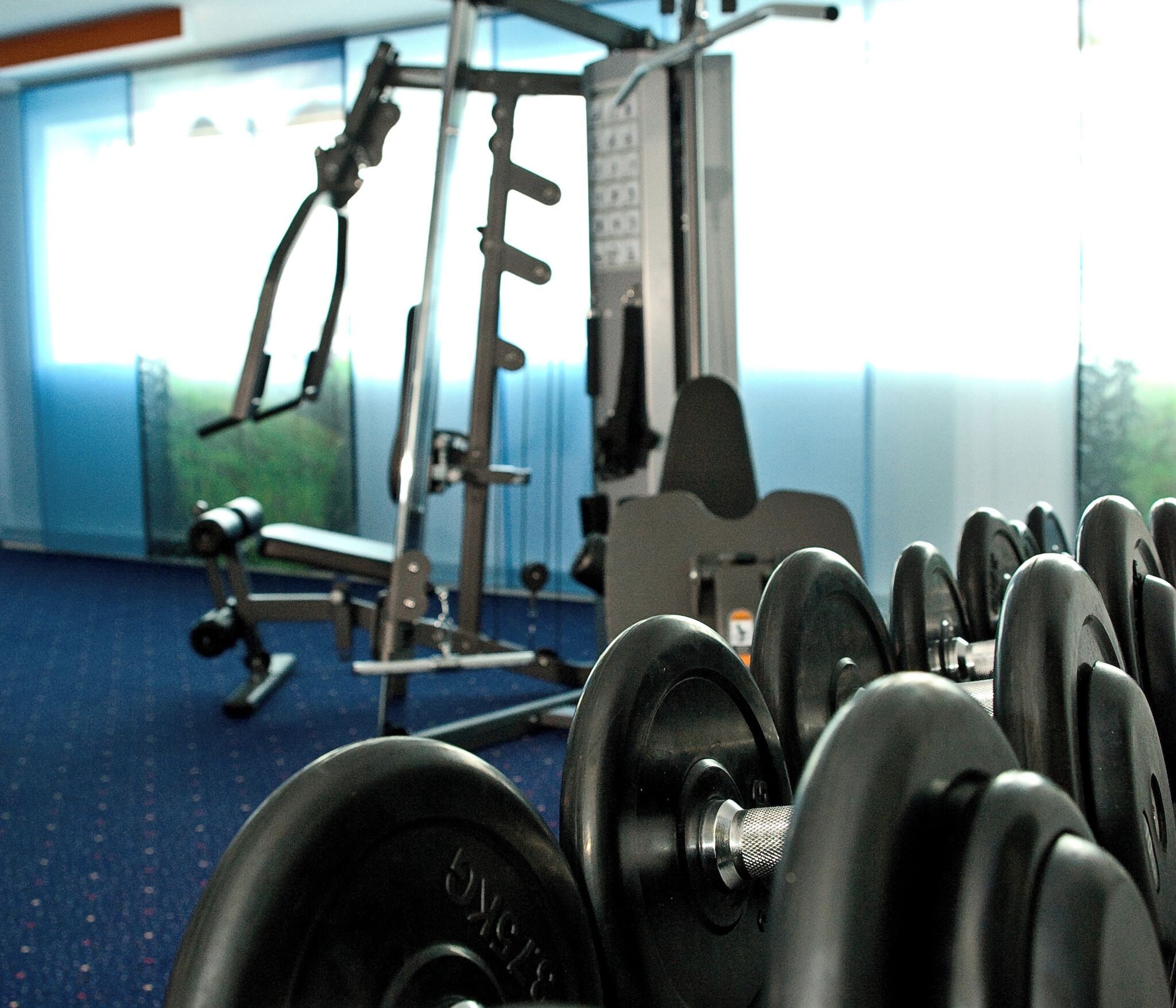 Ein Fitnessstudio mit unterschiedlicher Trainingsausstattung, darunter Hanteln und ein Kraftgerät.