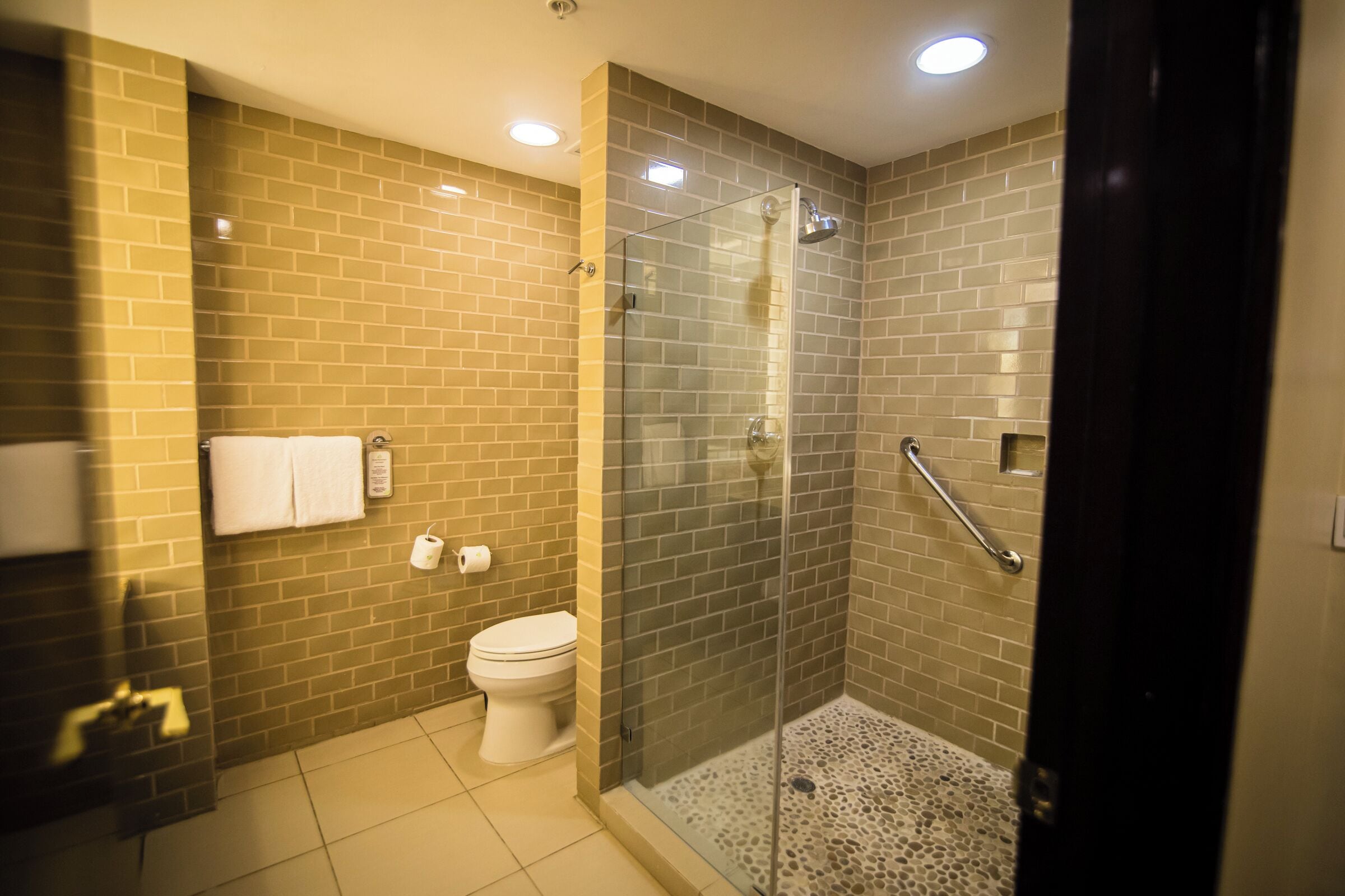 Un bagno con doccia in vetro, un water e un portasciugamani.