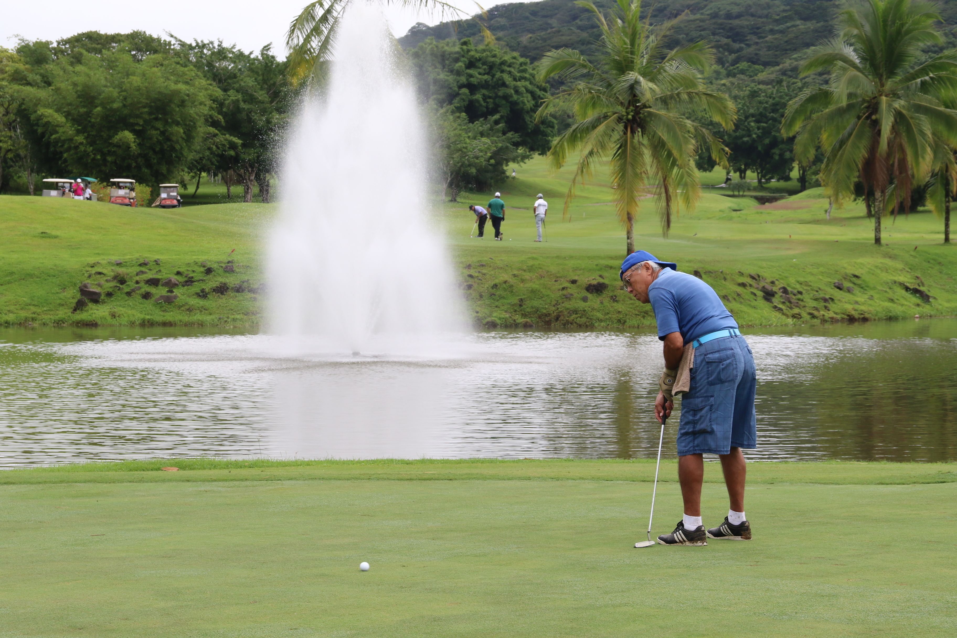 A golf course with a fountain, palm trees, and a pond.