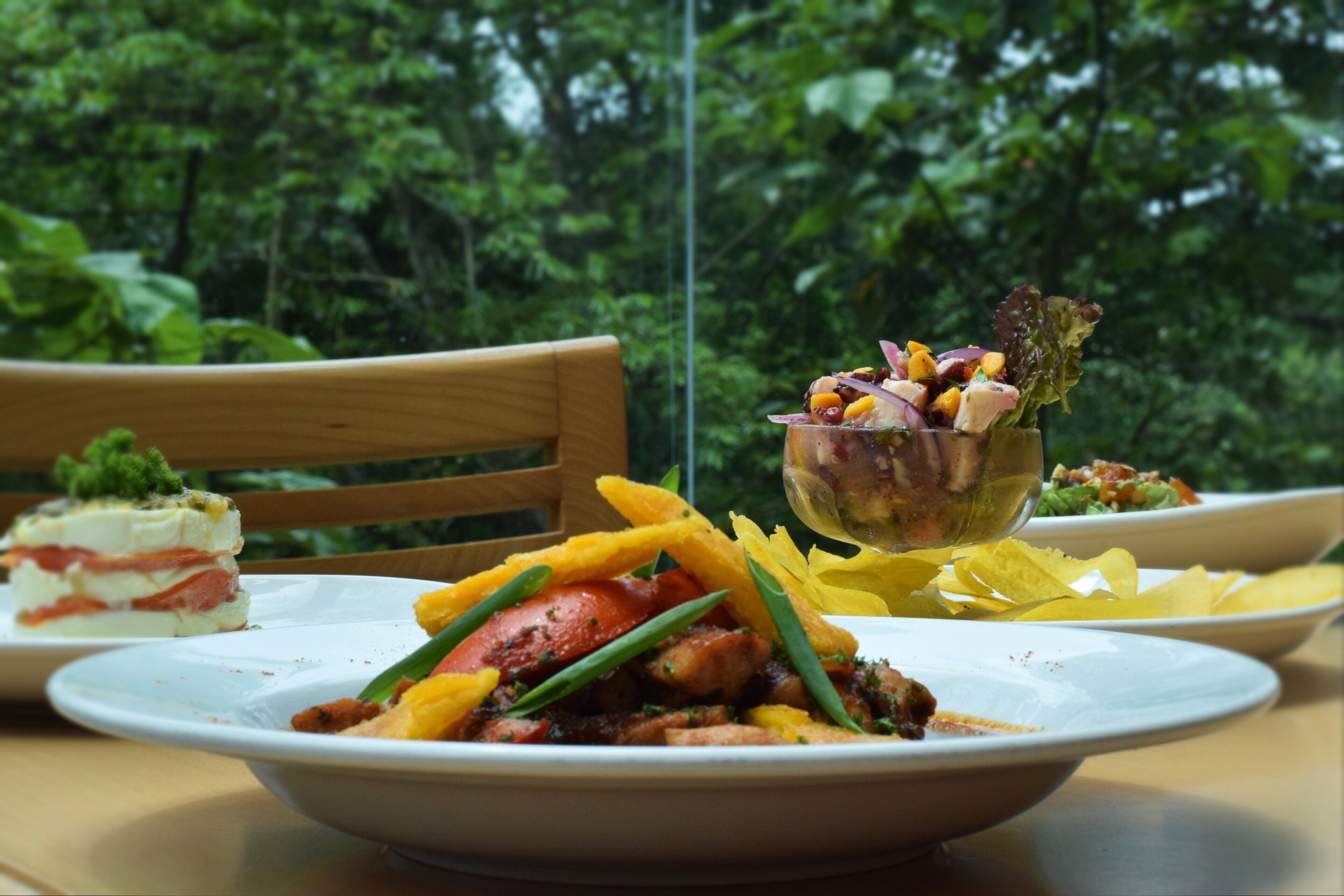 A table with various dishes, including a salad, a dessert, and a main course, set outdoors with a view of trees.