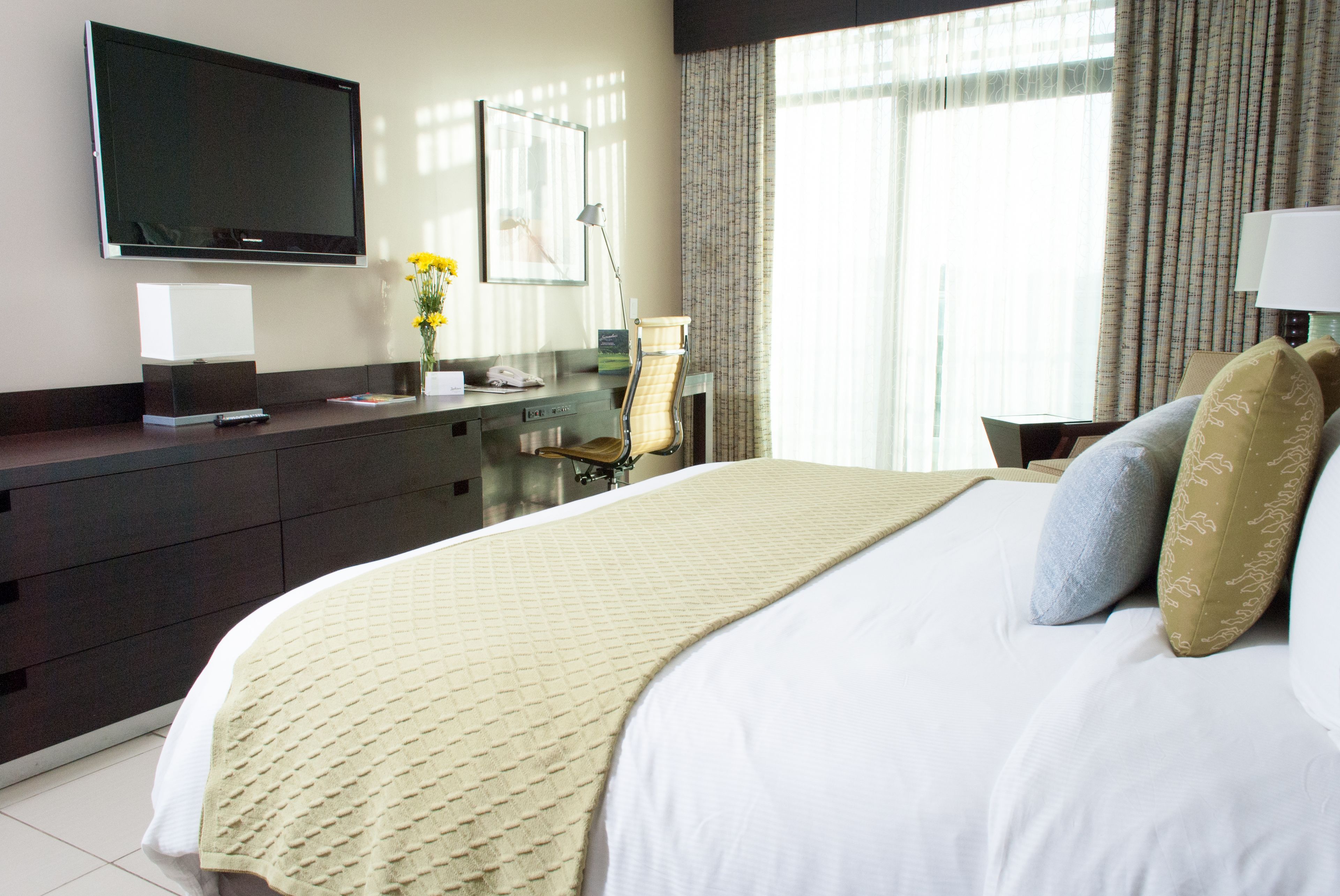Una habitación de hotel con una cama, un escritorio con computadora, un televisor de pantalla plana, una lámpara y una ventana con cortinas.