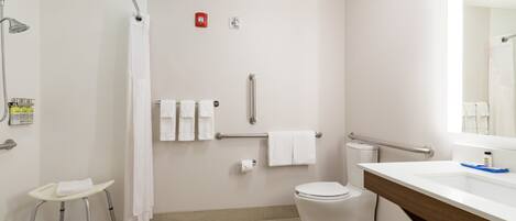 Un baño moderno con ducha, inodoro y lavamanos.