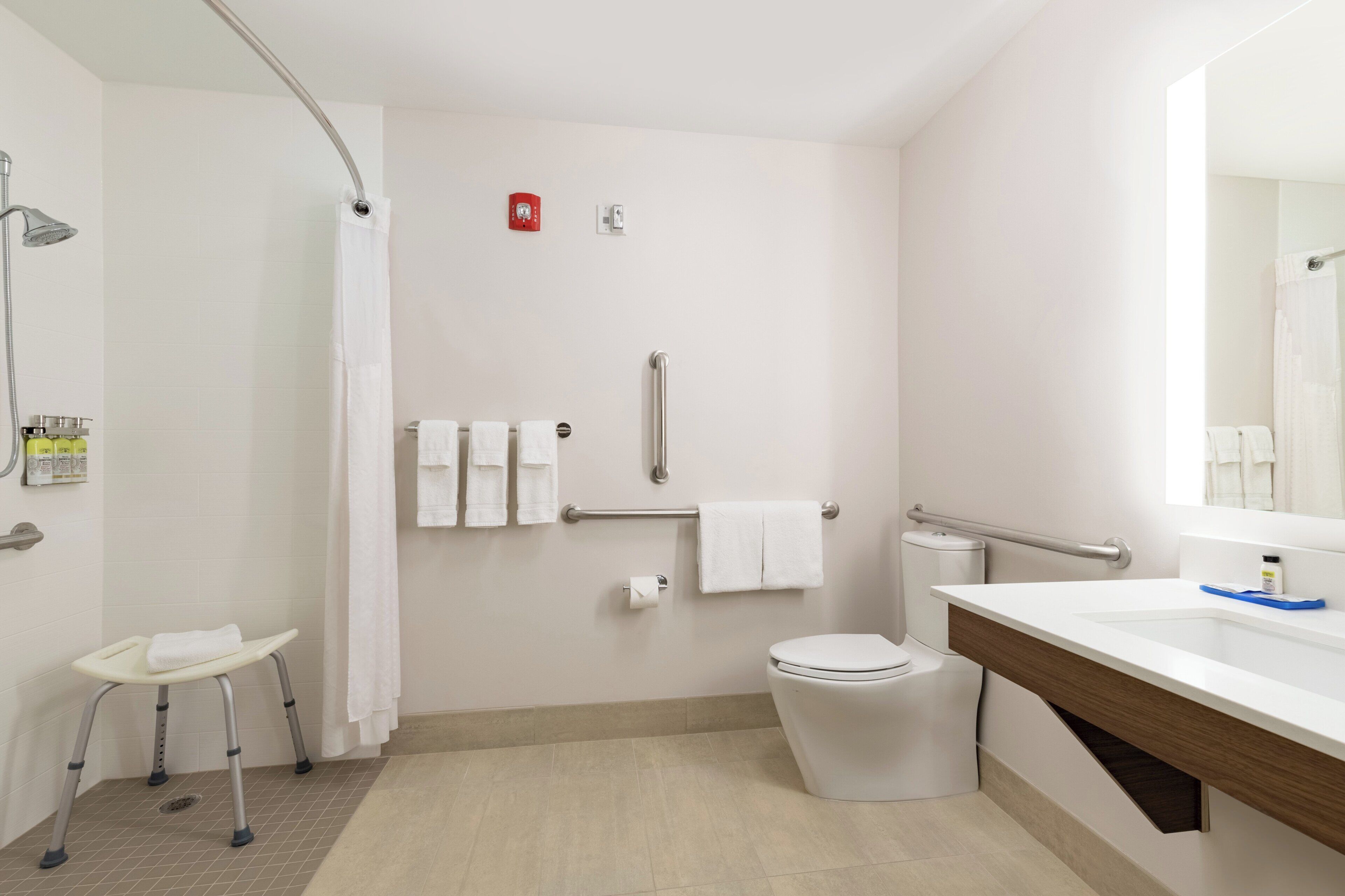 Baño con ducha, inodoro y lavamanos, equipado con barras de apoyo y un banco accesible en silla de ruedas.