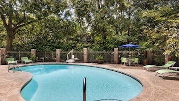 Seasonal outdoor pool, pool umbrellas, pool loungers