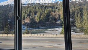 A view of a snow-covered mountain range, dense forest, and a river from a window.