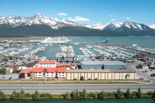 A marina with numerous boats docked, a large cruise ship, and a backdrop of snow-capped mountains.