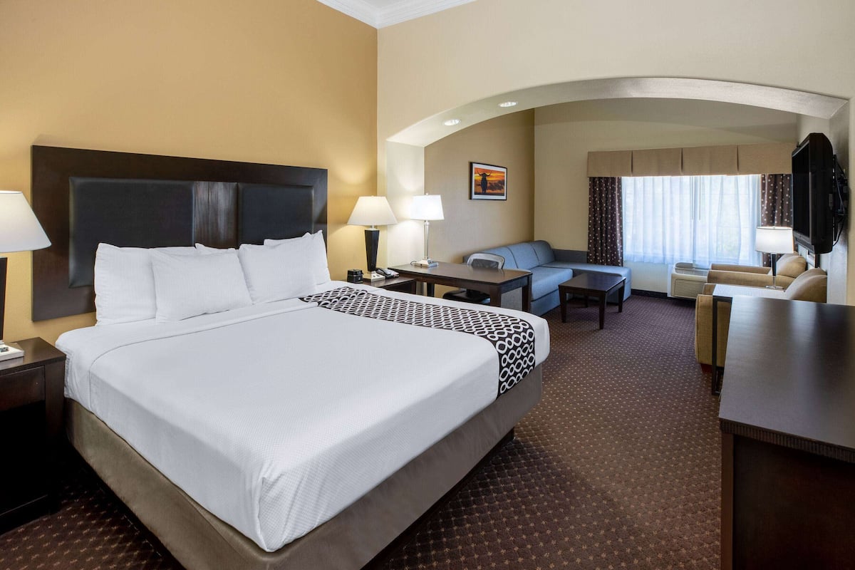A hotel room with a large bed, a desk, a sofa, and a TV.
