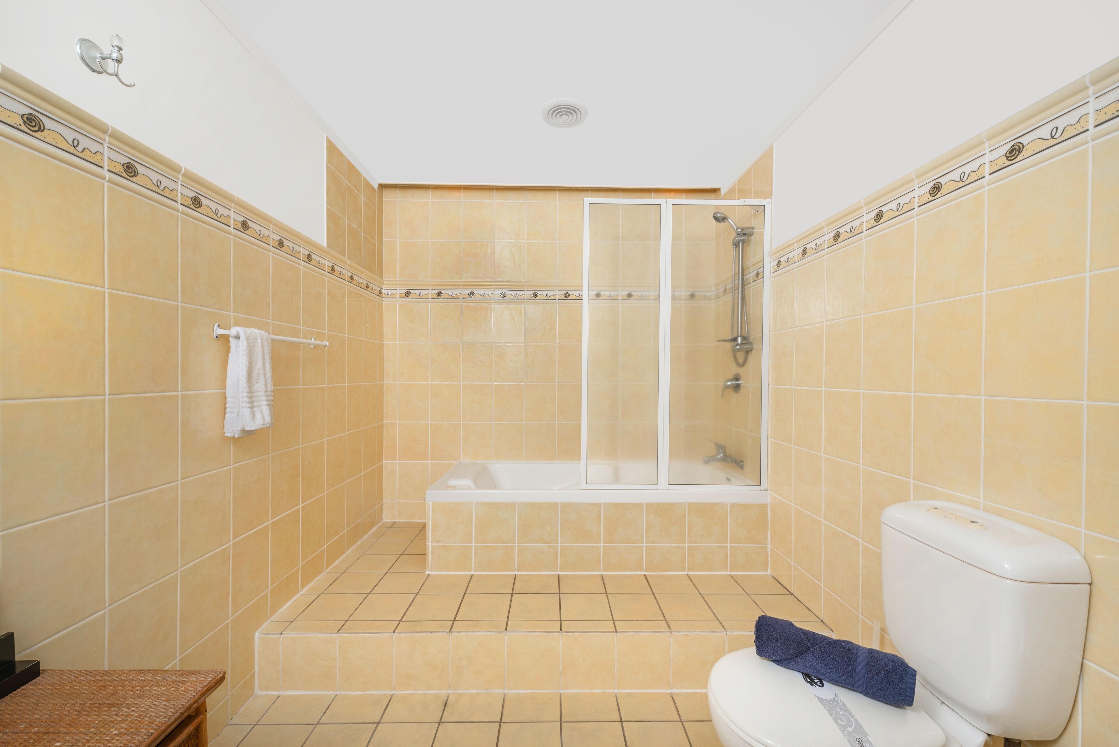 Une salle de bain avec douche, toilettes et lavabo.