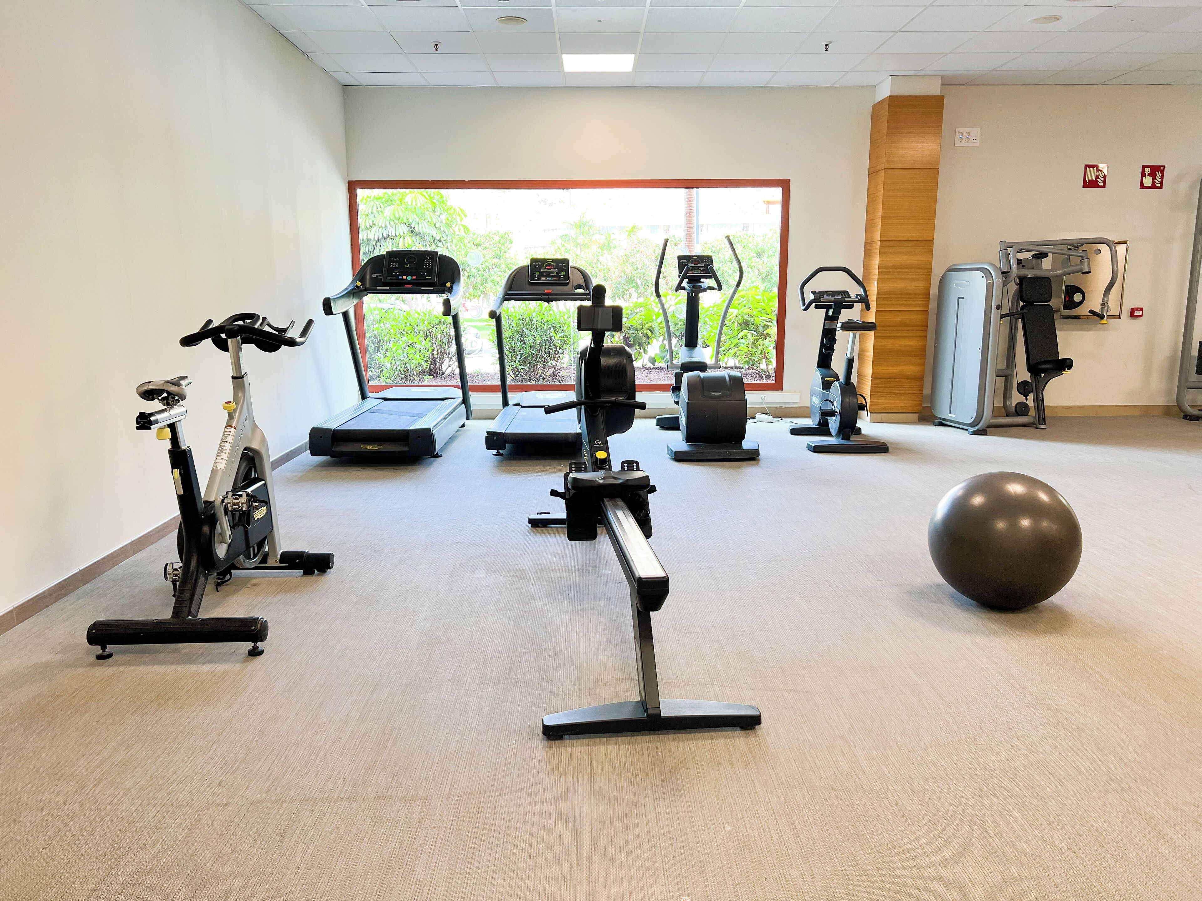 A gym with stationary bikes, treadmills, and exercise balls.