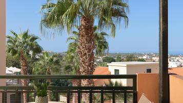A balcony with a table and chairs, a potted plant, and a view of palm trees and buildings.