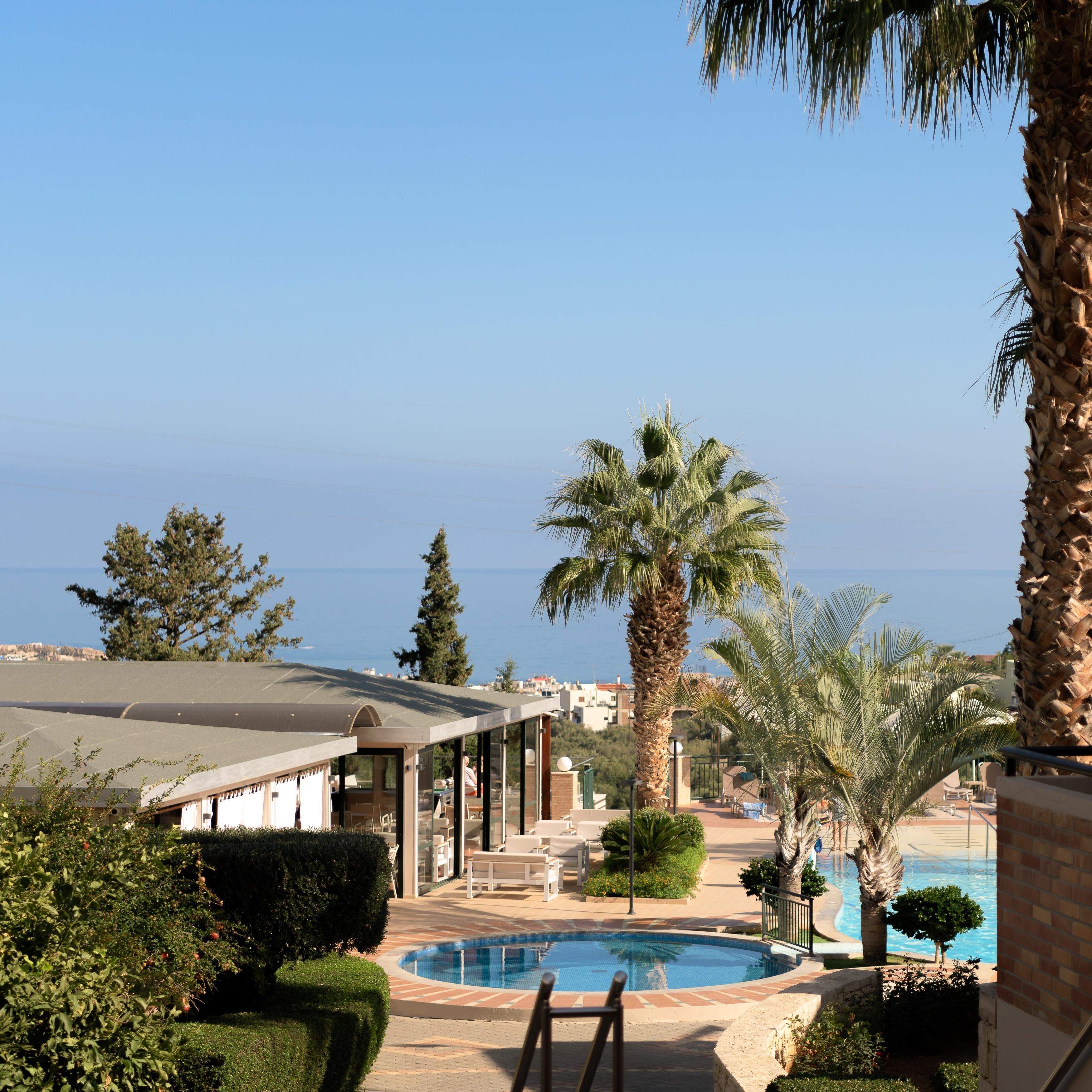 A pool area with a palm tree, a covered seating area, and a view of the sea.