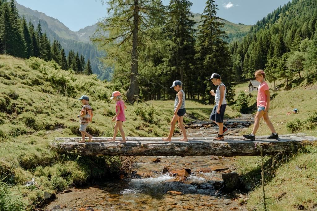 Un grupo de personas caminando sobre un puente de madera sobre un arroyo en un área boscosa con montañas al fondo.