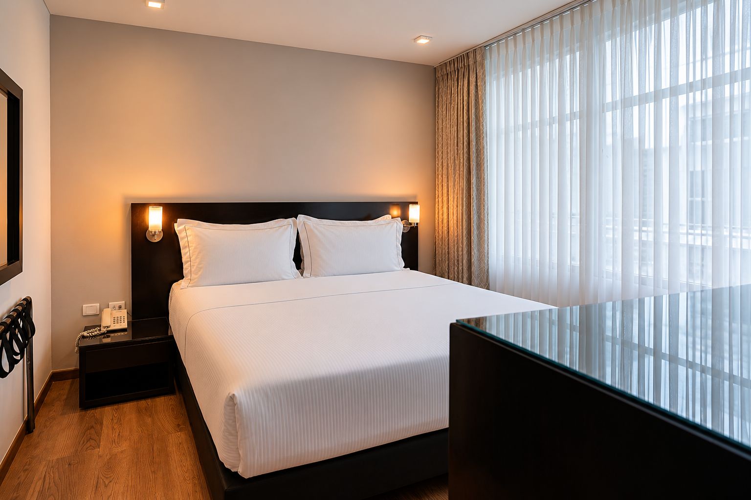 Una habitación de hotel con una cama grande, lámparas de noche, un teléfono y vistas a la ciudad a través de cortinas translúcidas.
