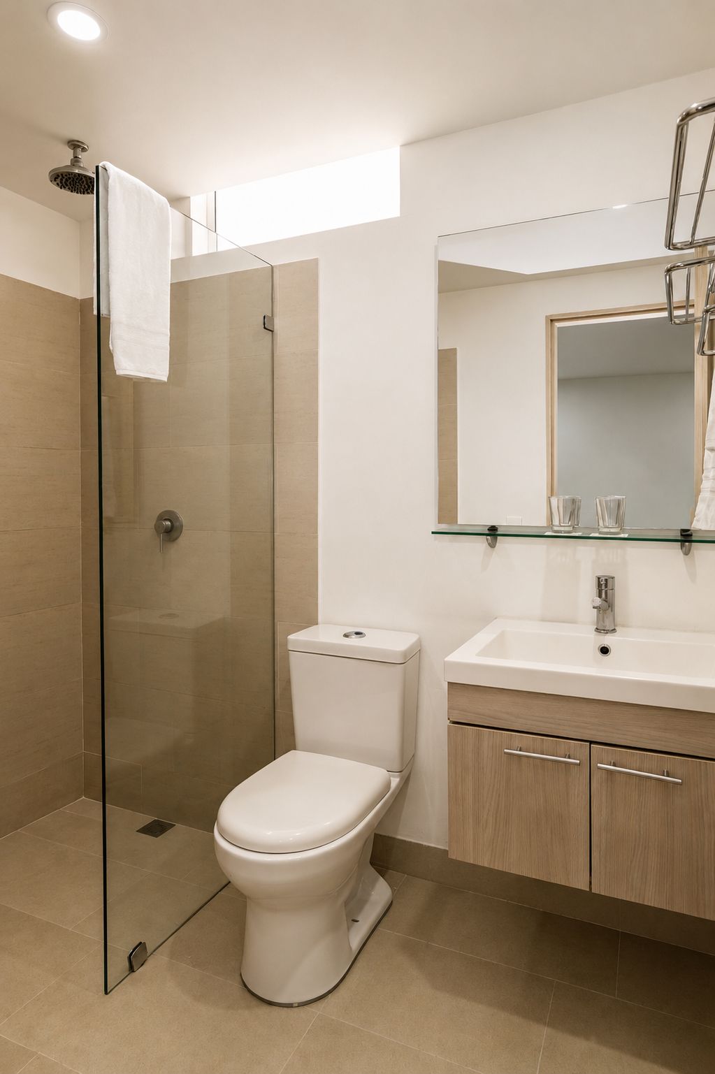 Un baño moderno con ducha envuelta en vidrio, inodoro, lavabo con espejo y armarios de madera.