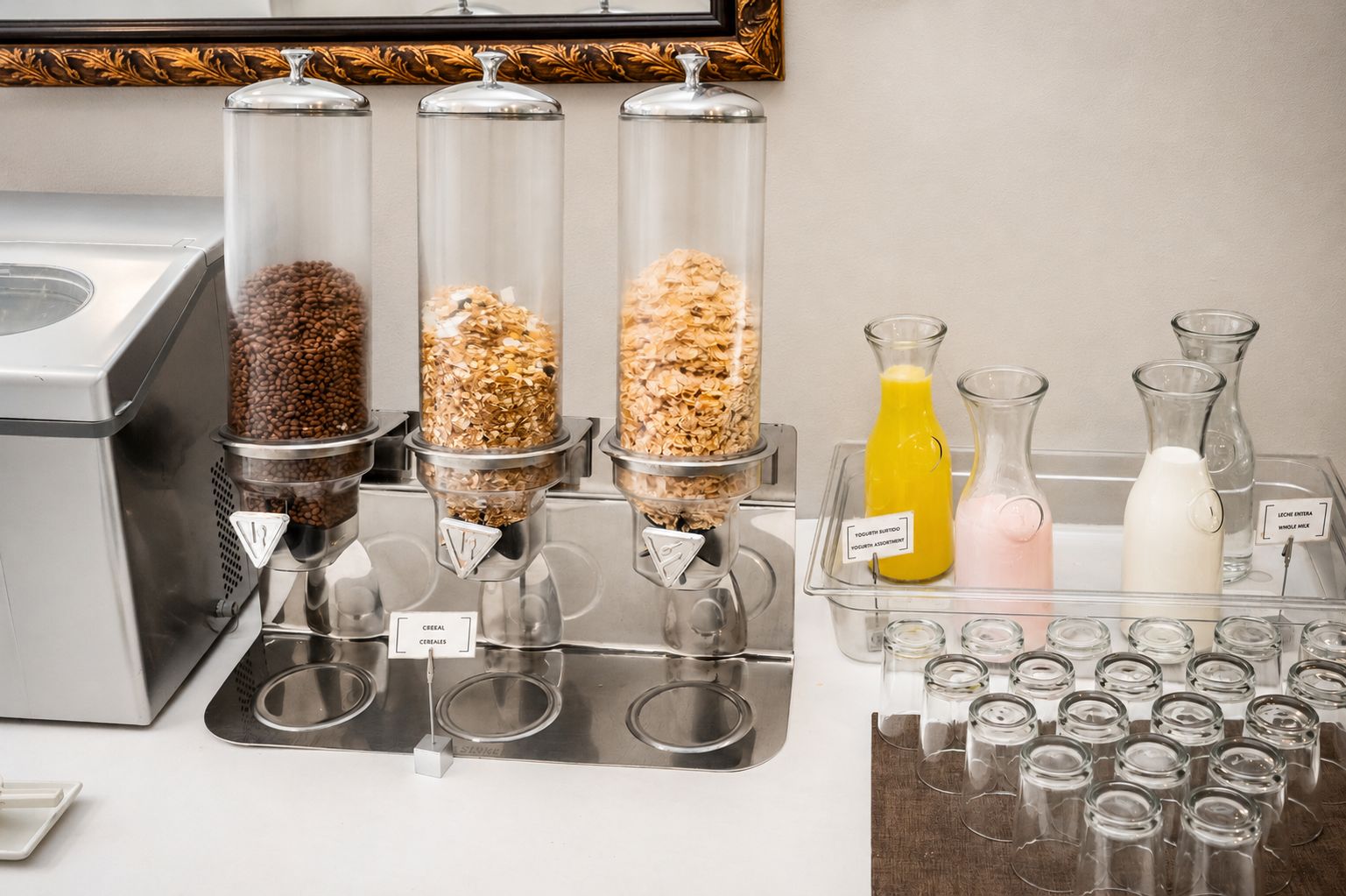 A breakfast station with multiple dispensers for cereals, a juice dispenser, and a milk dispenser.