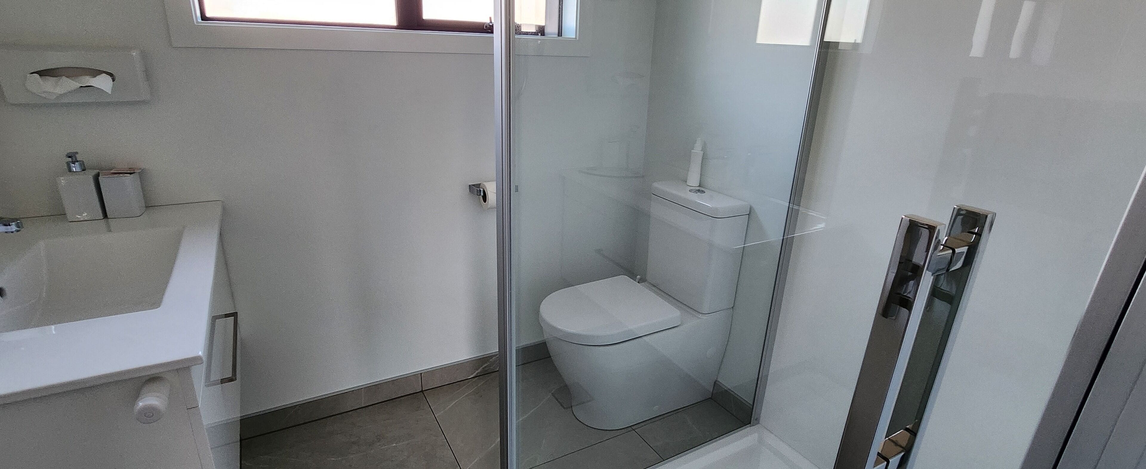 Een badkamer met een douche met glazen wand, toilet en wastafel.