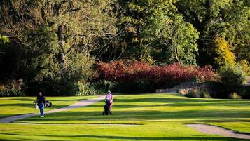 A golf course with a well-maintained green, a walking path, and dense trees in the background.