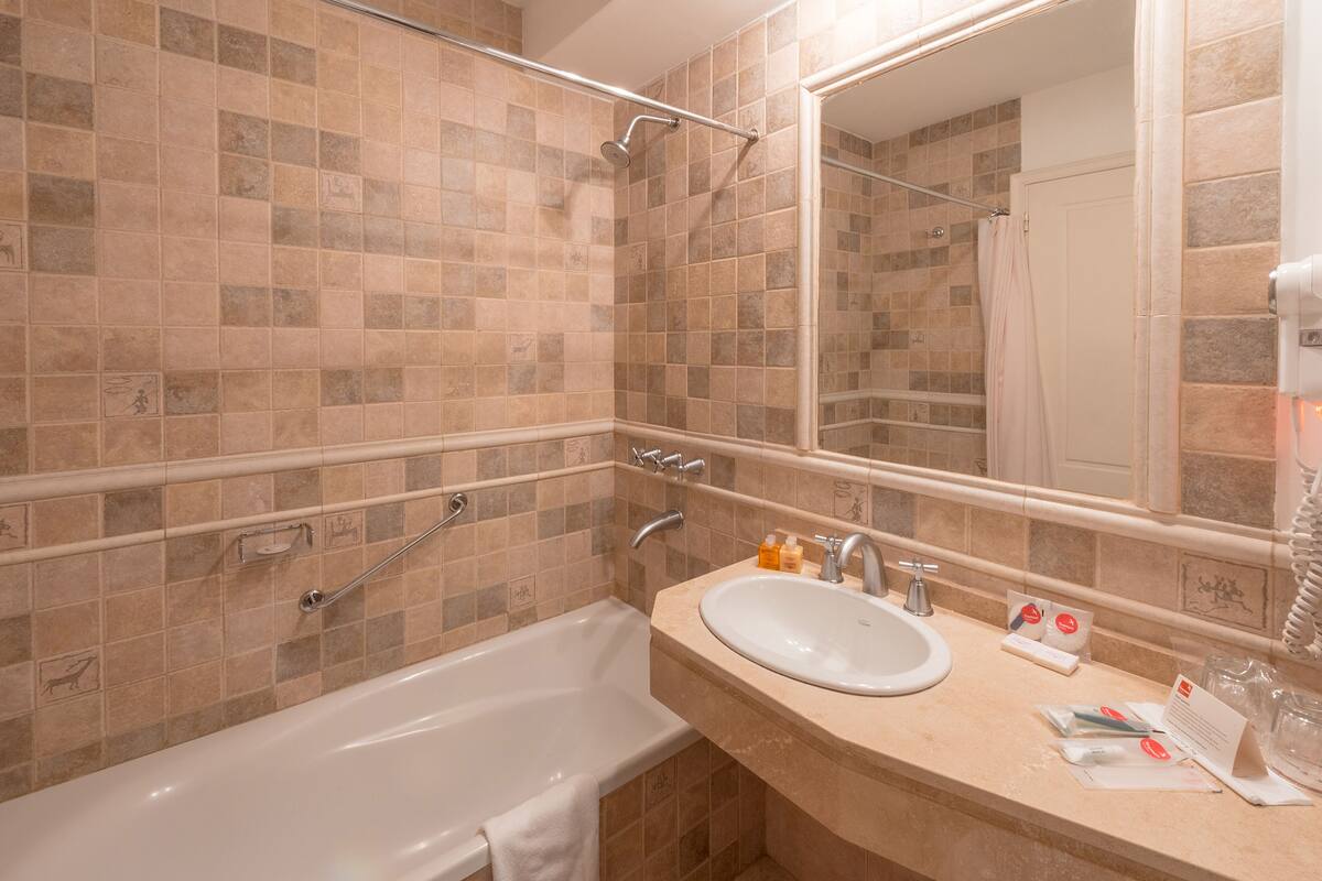 combined shower/bathtub, hair dryer, bidet, towels