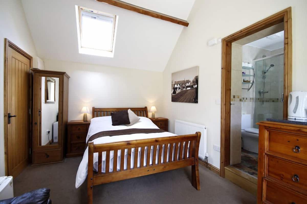 A bedroom with a wooden bed, a nightstand, a dresser, a mirror, a radiator, and a shower area.