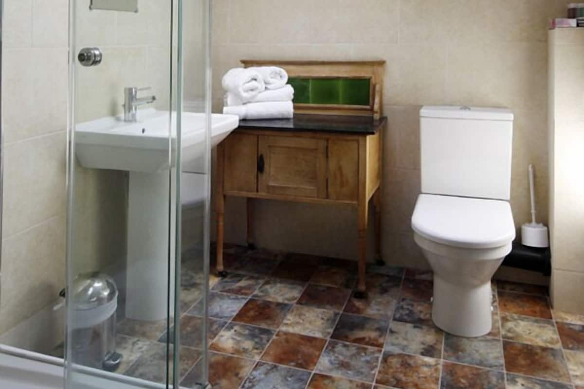 A bathroom with a glass shower enclosure, a sink, a toilet, and a small wooden cabinet.