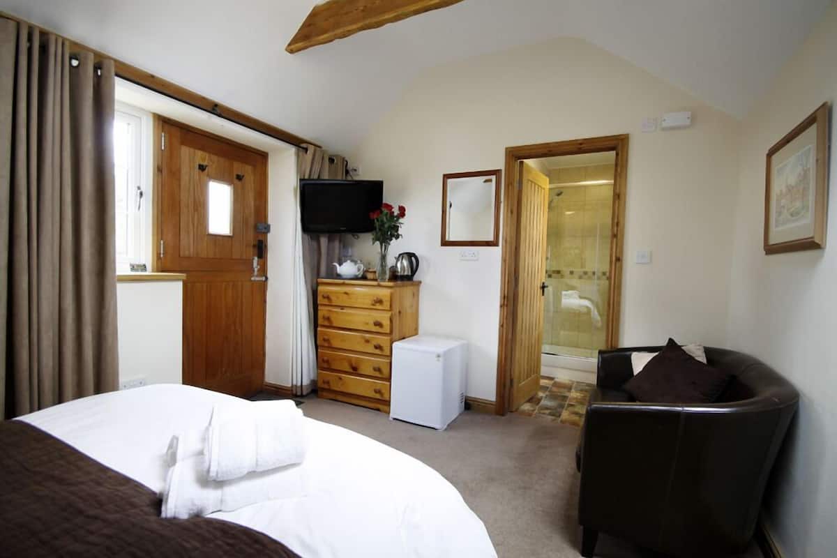 A hotel room with a bed, a wooden dresser, a television, and a shower area.