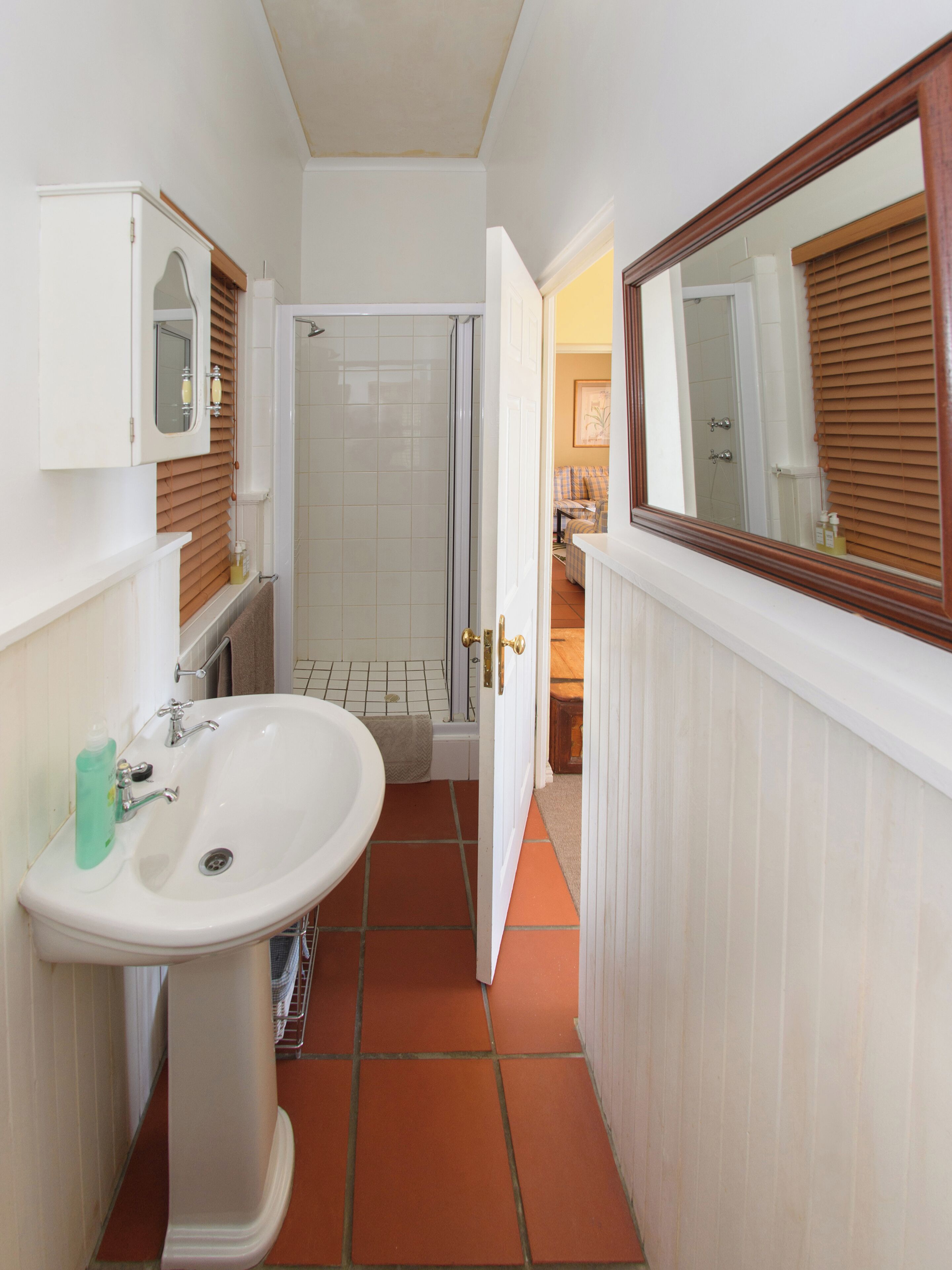 A narrow bathroom with a white sink, a shower, and a mirror.