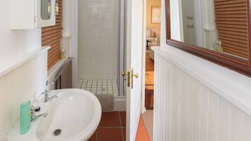 A narrow bathroom with a white sink, a shower, and a mirror.