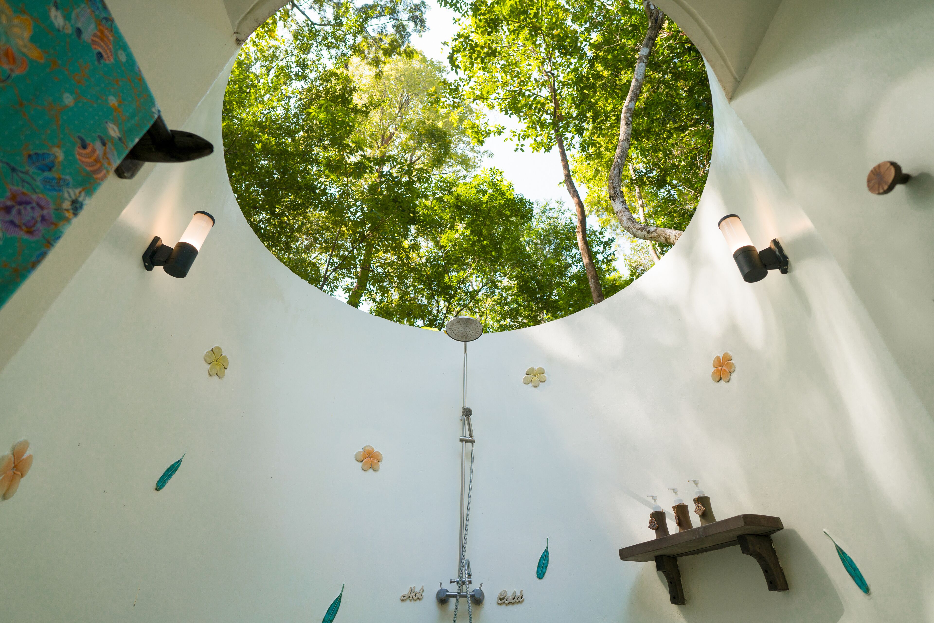 A circular skylight with a view of trees, a showerhead, and a small shelf with toiletries.