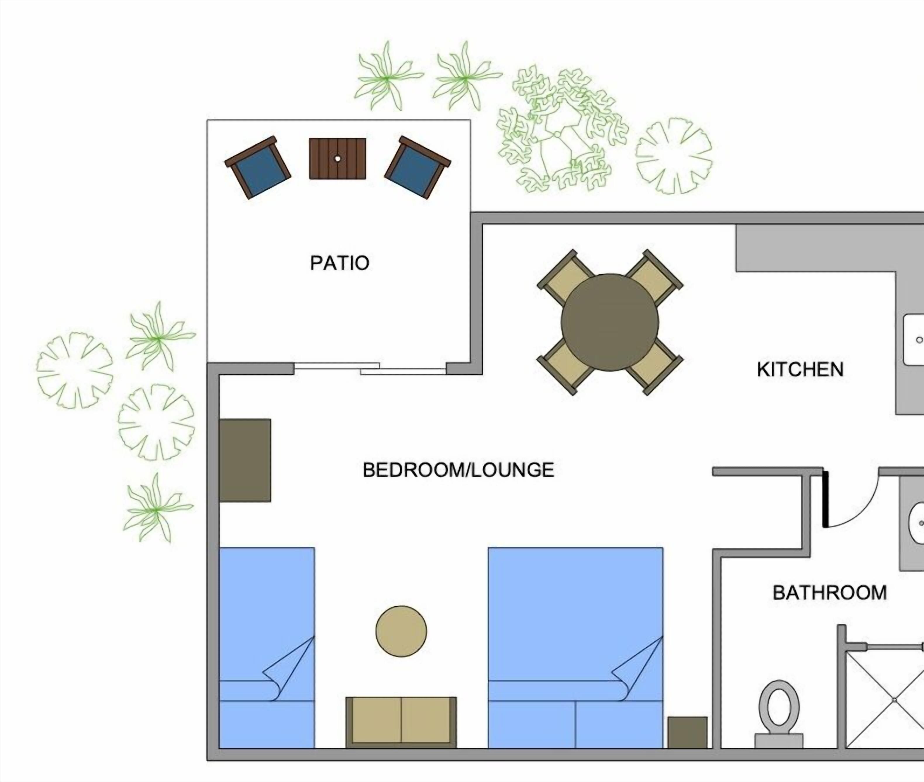 A floor plan with a bedroom/lounge, kitchen, bathroom, and patio area.