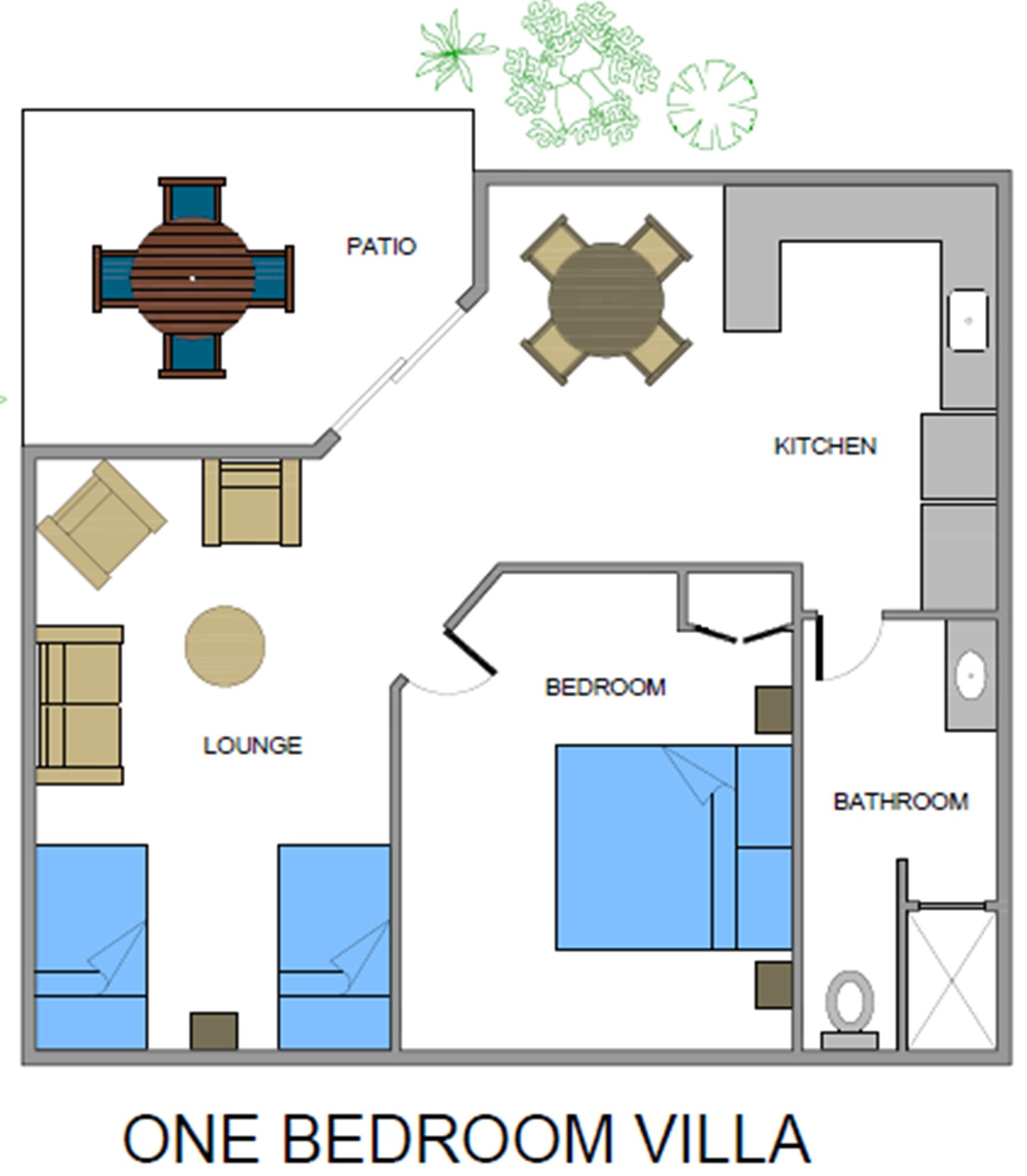 A one-bedroom villa layout with a patio, kitchen, bedroom, bathroom, and lounge area.