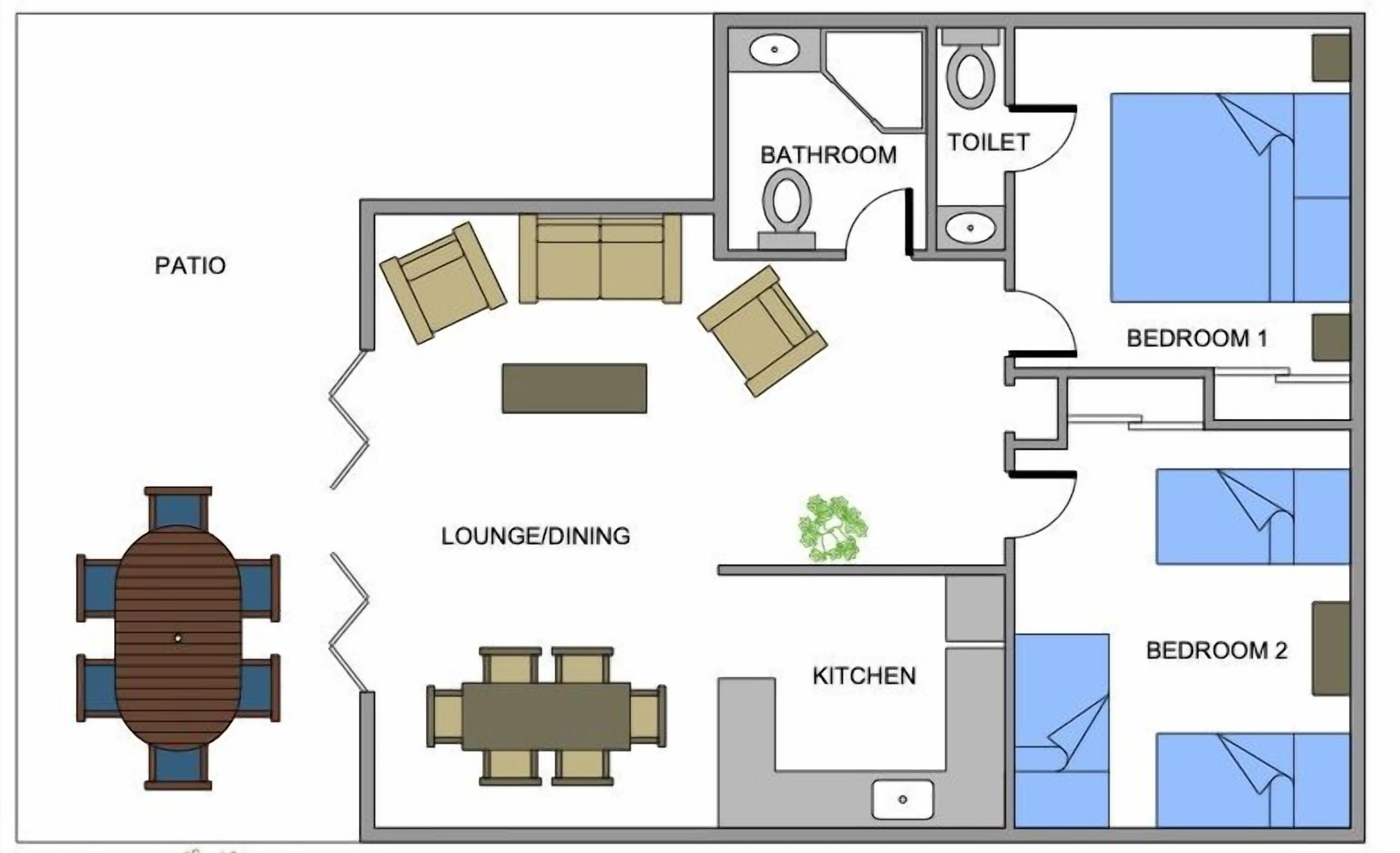 A floor plan with a patio, lounge/dining area, kitchen, two bedrooms, a bathroom, and a toilet.
