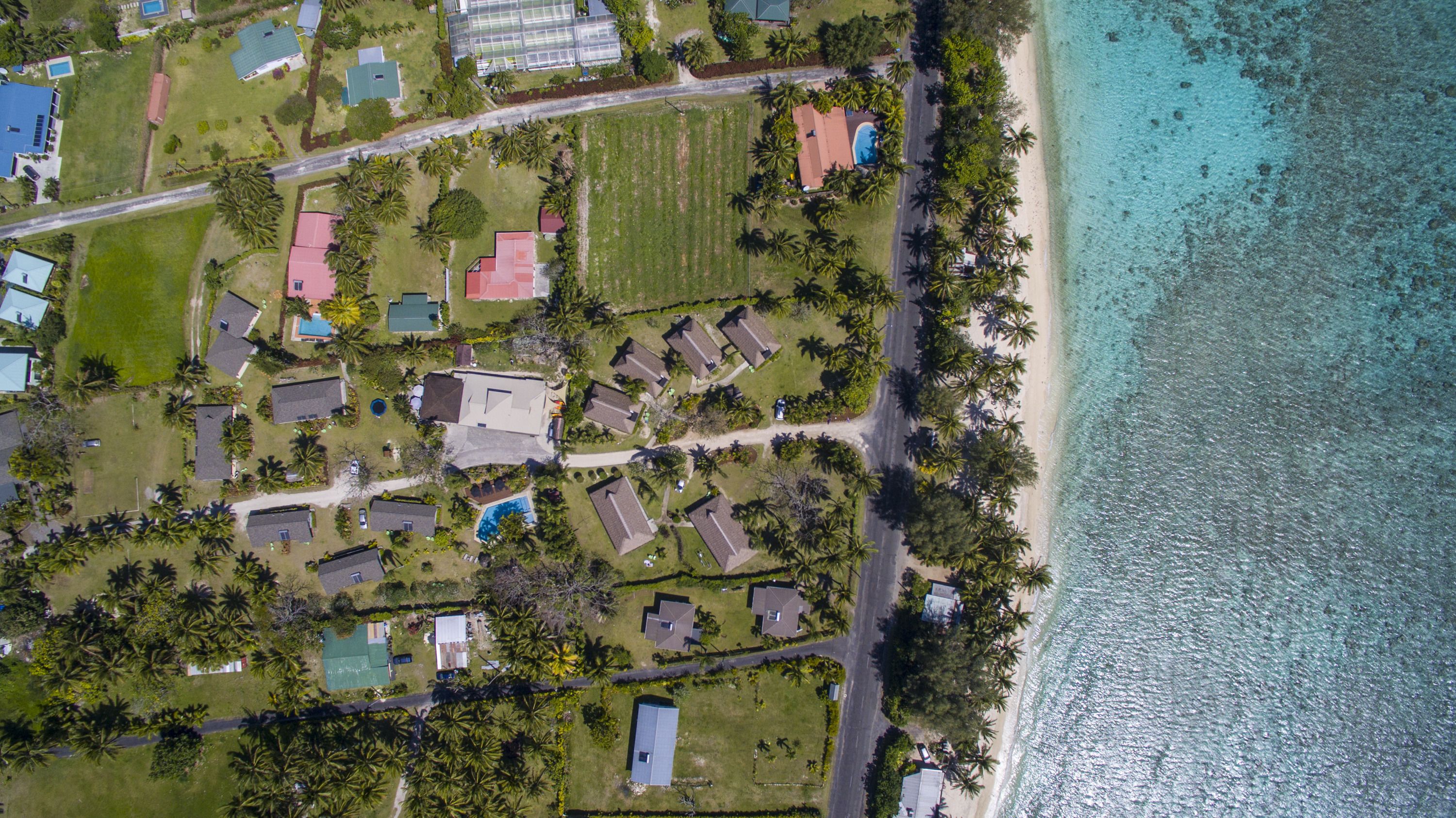 Vista aérea de una zona residencial costera con casas, una piscina y una playa.
