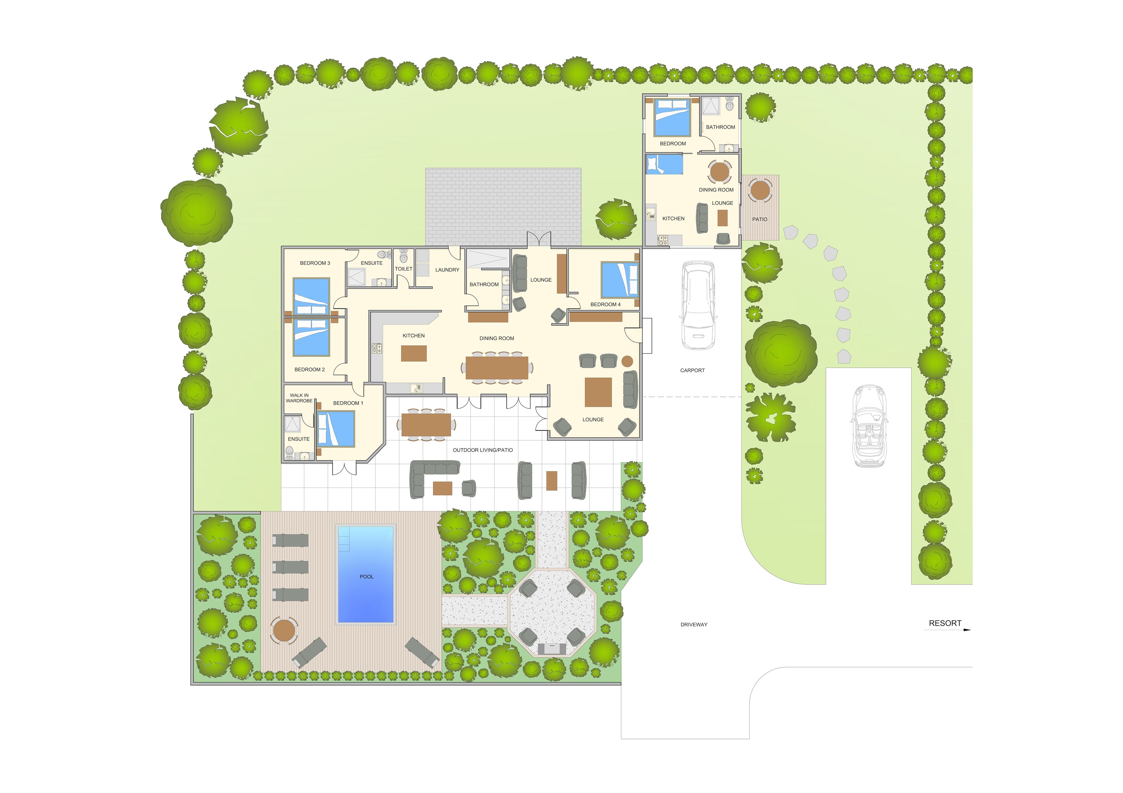 A floor plan of a resort with multiple bedrooms, a dining area, a kitchen, a lounge, a pool, and a driveaway.