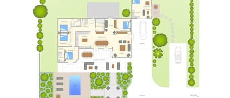 En planritning över ett semesterboende med flera sovrum, ett matområde, ett kök, en lounge, en pool och en uppfart.