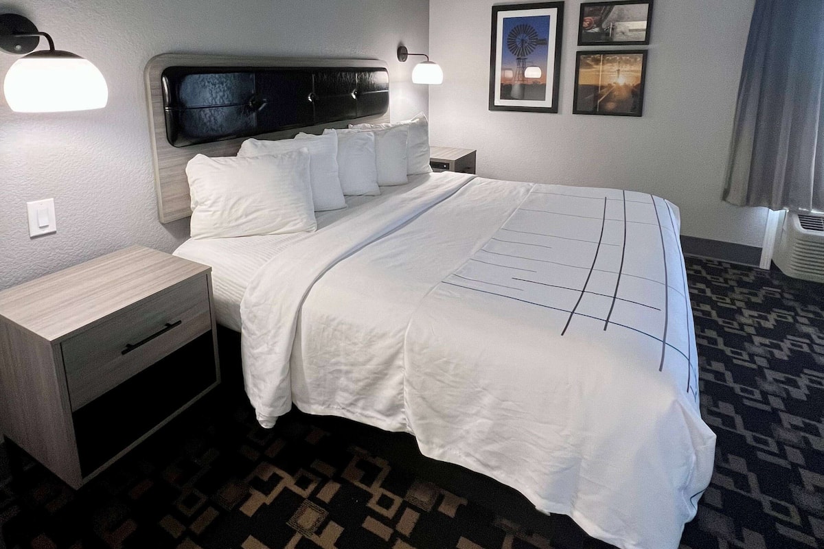A hotel room with a large bed, two bedside tables, a wall-mounted lamp, and a patterned carpet.