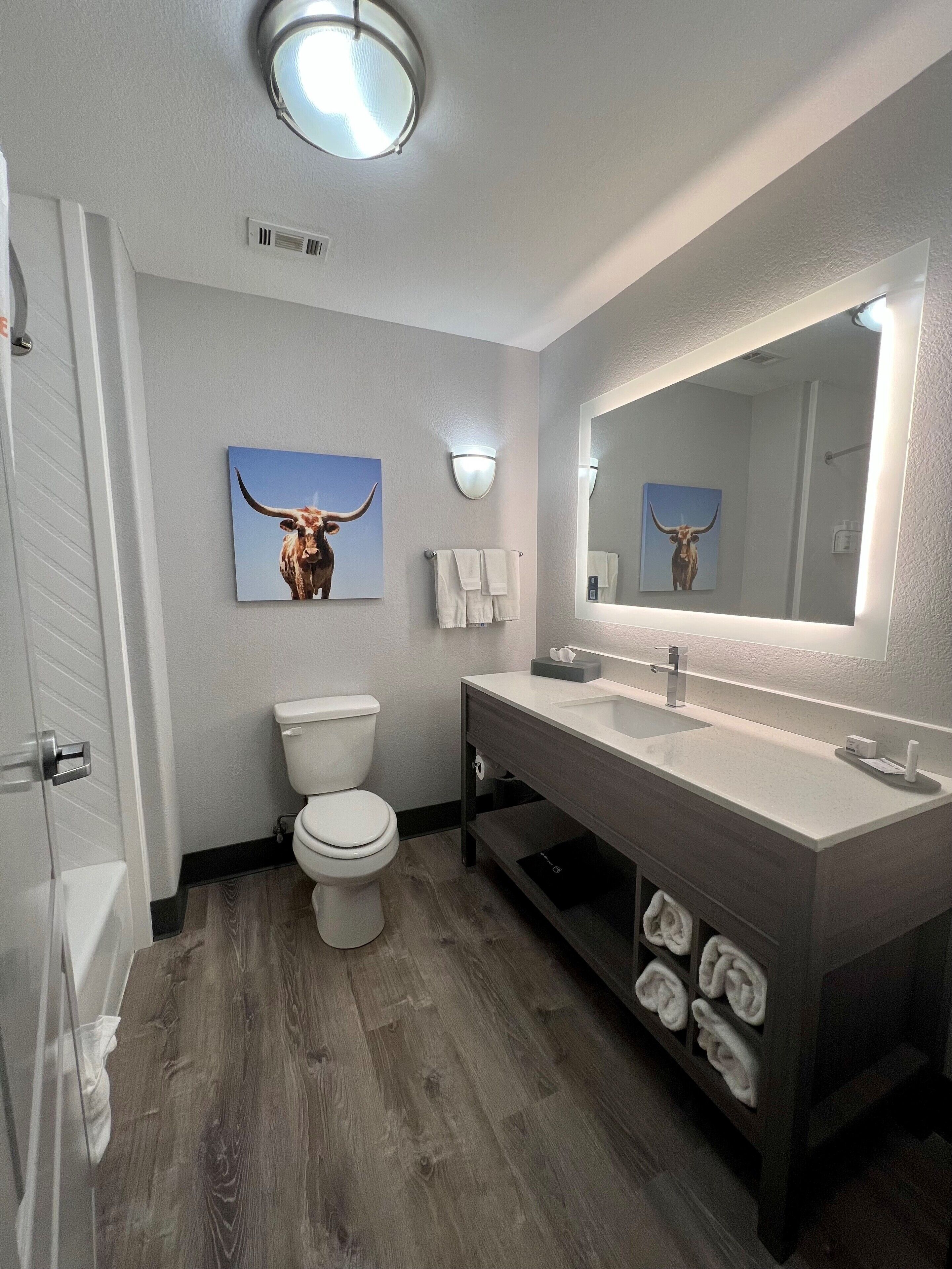 A modern bathroom with a toilet, sink, and mirror. There are two towels hanging on the wall and a picture of a bull.