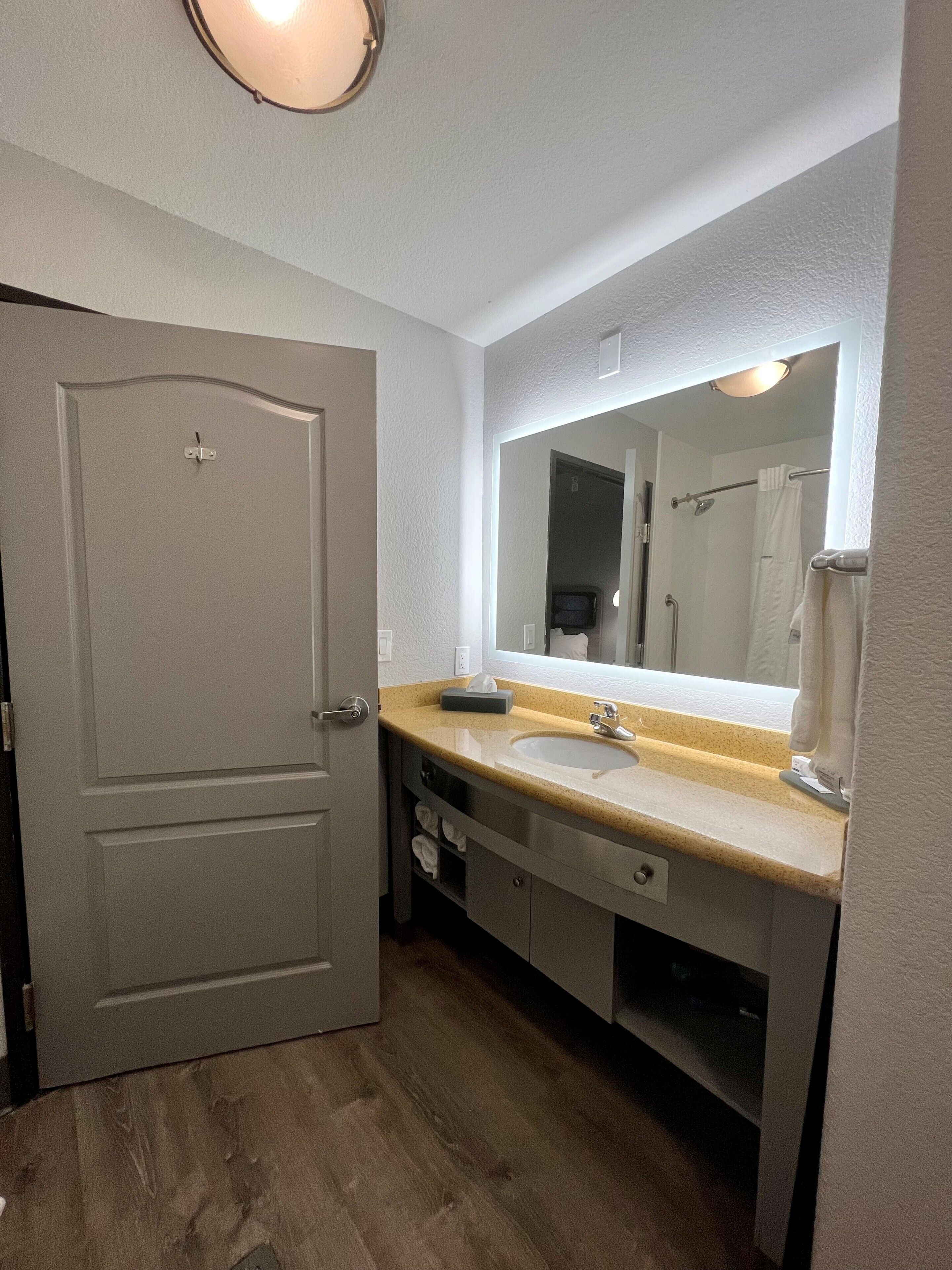 A bathroom with a beige door, a sink with a mirror above it, and a towel rack.
