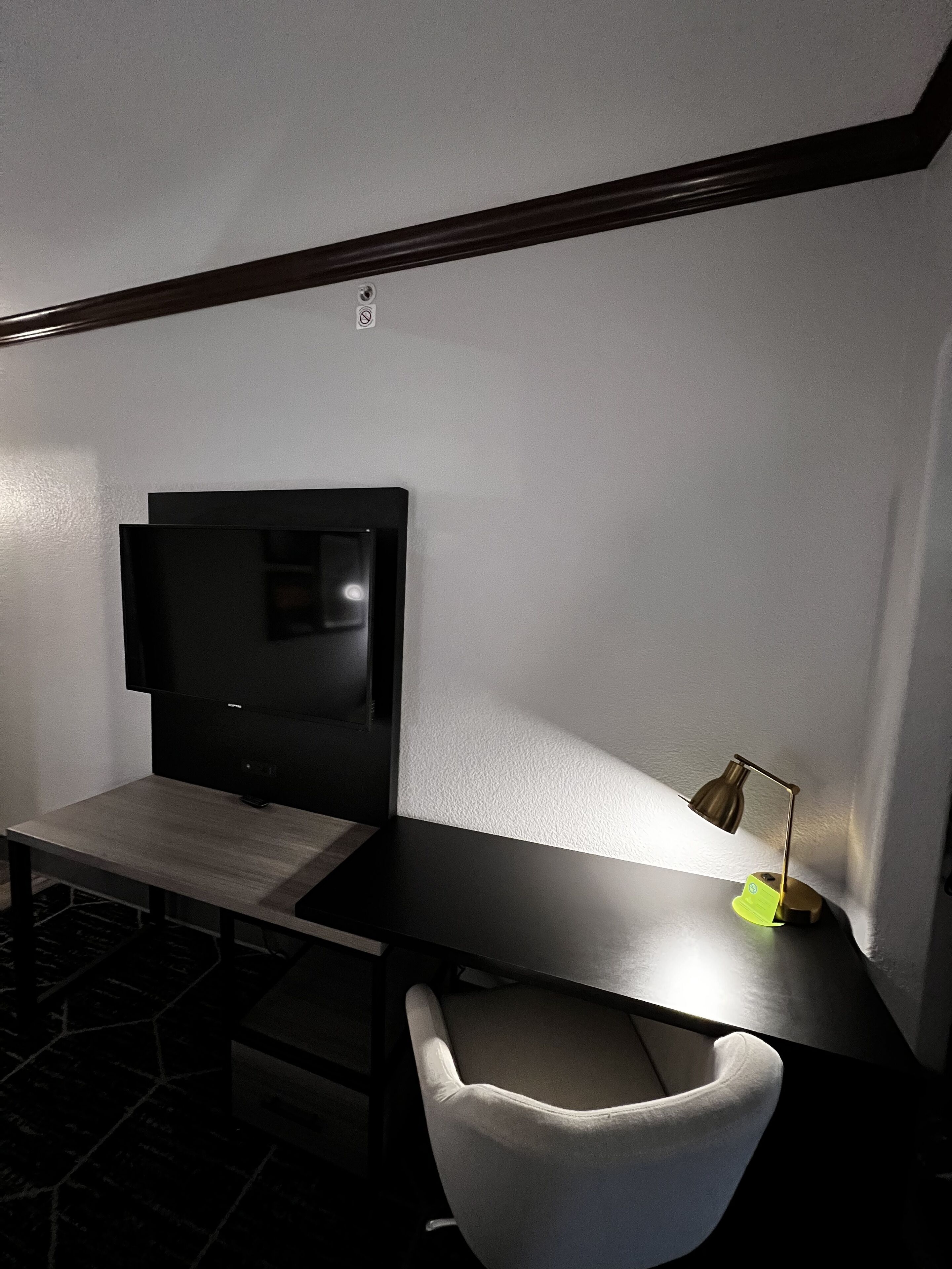 premium bedding, desk, laptop workspace, blackout curtains